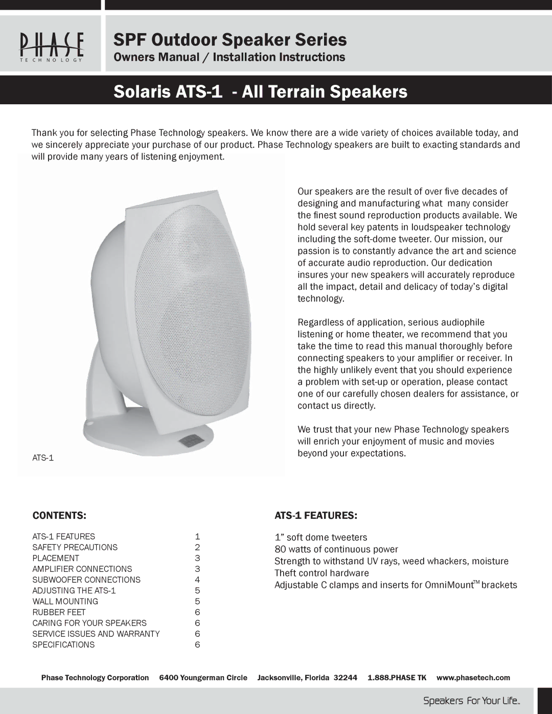 Phase Technology ATS-1 owner manual SPF Outdoor Speaker Series, Contents 