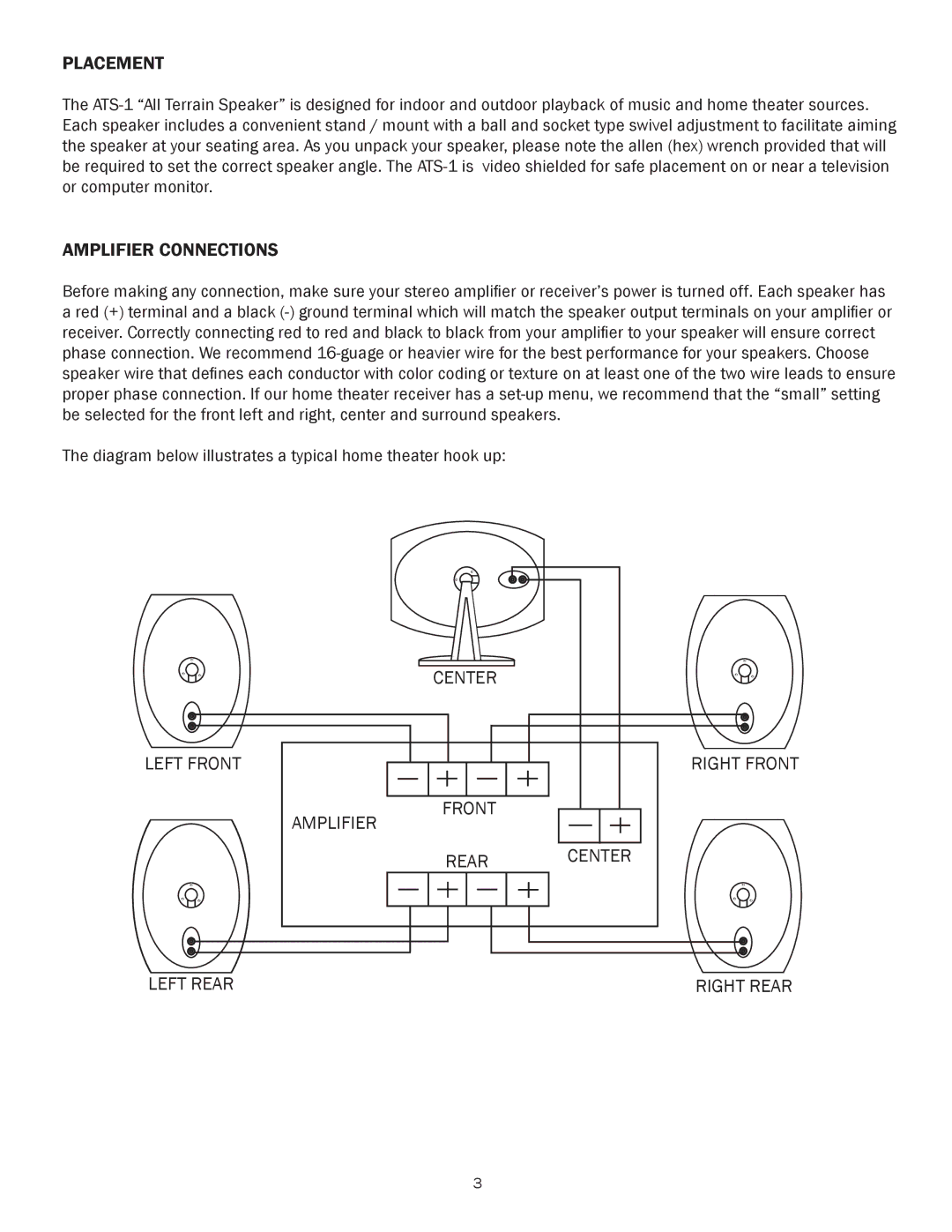 Phase Technology ATS-1 owner manual Placement, Amplifier Connections, Right Rear 