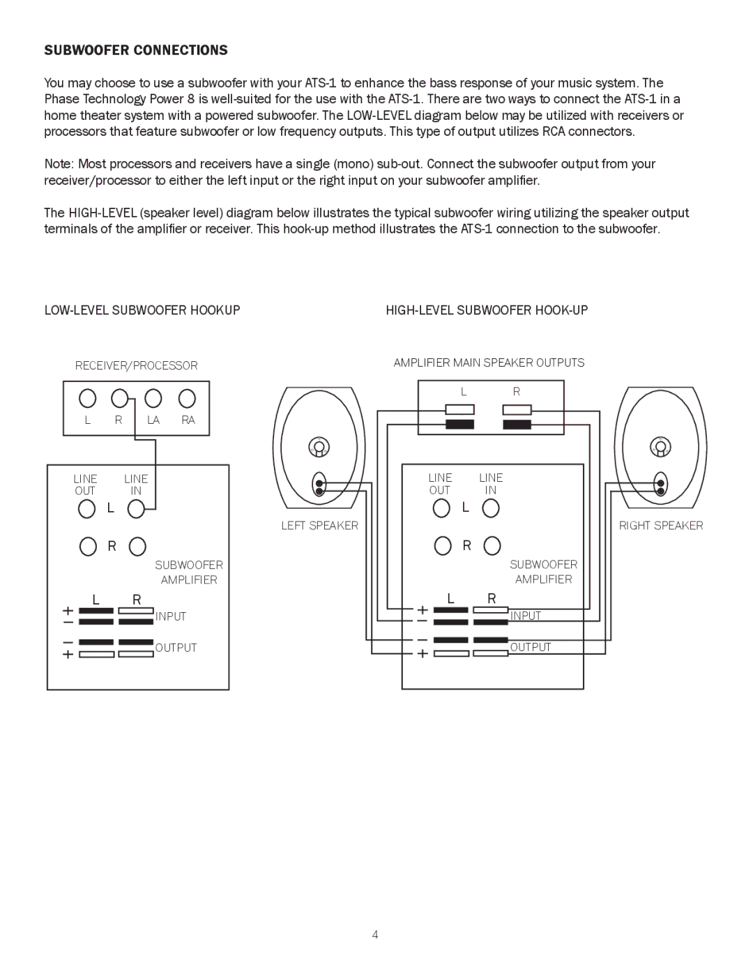 Phase Technology ATS-1 owner manual Subwoofer Connections, LOW-LEVEL Subwoofer Hookup 