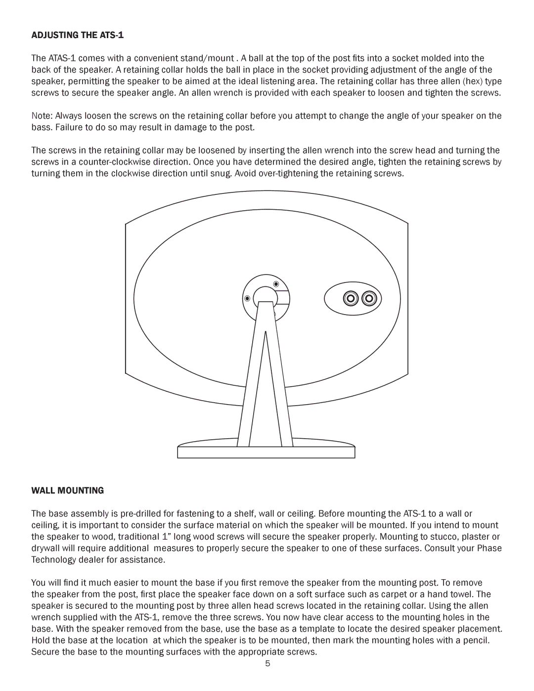 Phase Technology owner manual Adjusting the ATS-1, Wall Mounting 