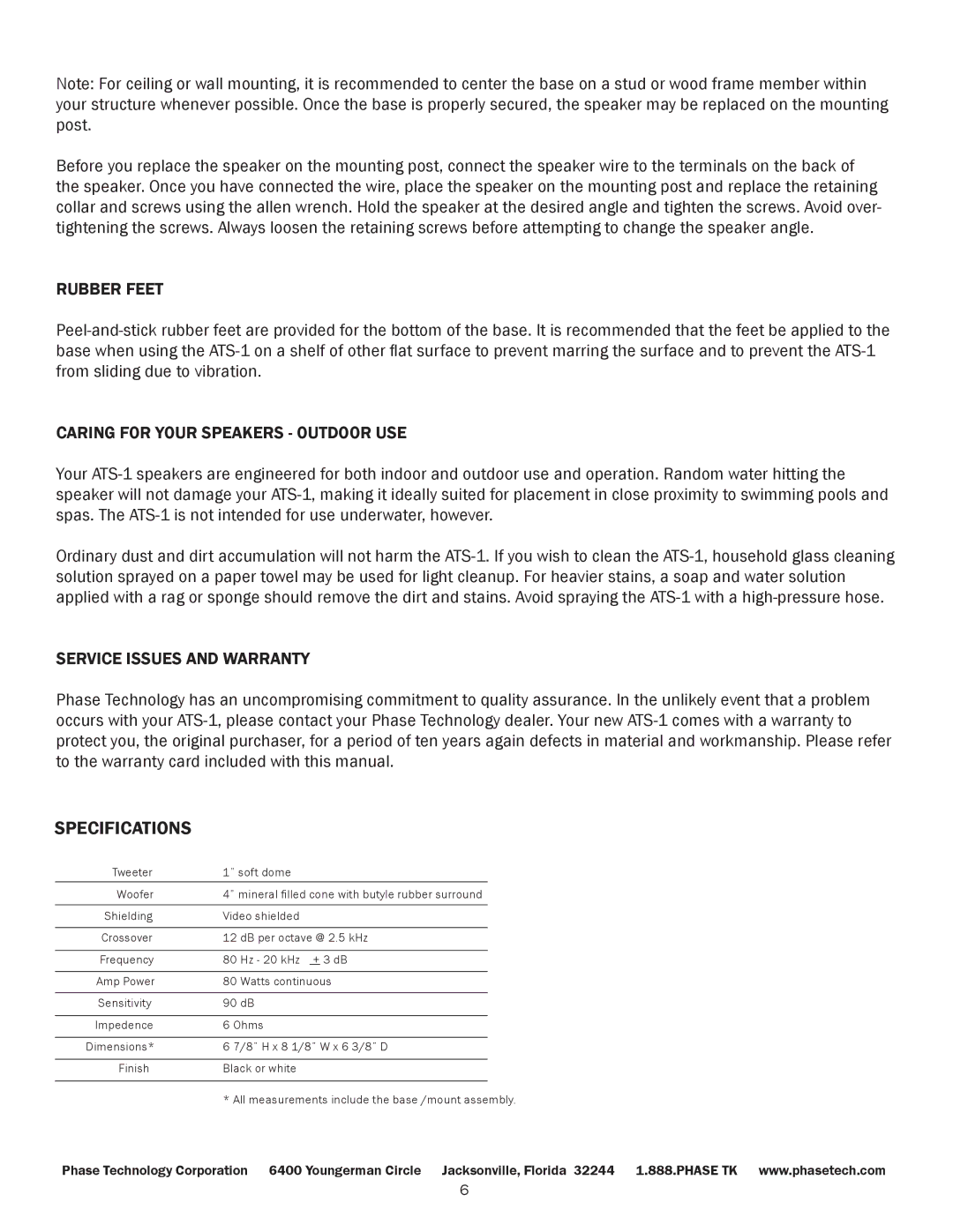 Phase Technology ATS-1 Specifications, Rubber Feet, Caring for Your Speakers Outdoor USE, Service Issues and Warranty 