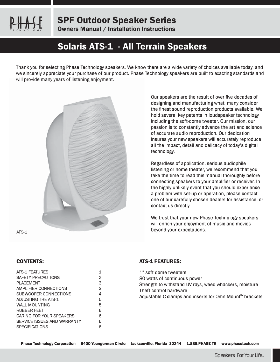 Phase Technology ATS-1 owner manual Contents, SPF Outdoor Speaker Series 