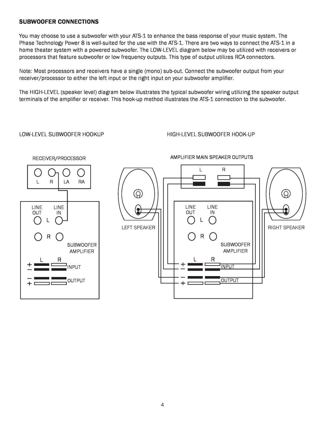 Phase Technology ATS-1 owner manual Subwoofer Connections, Low-Levelsubwoofer Hookup 
