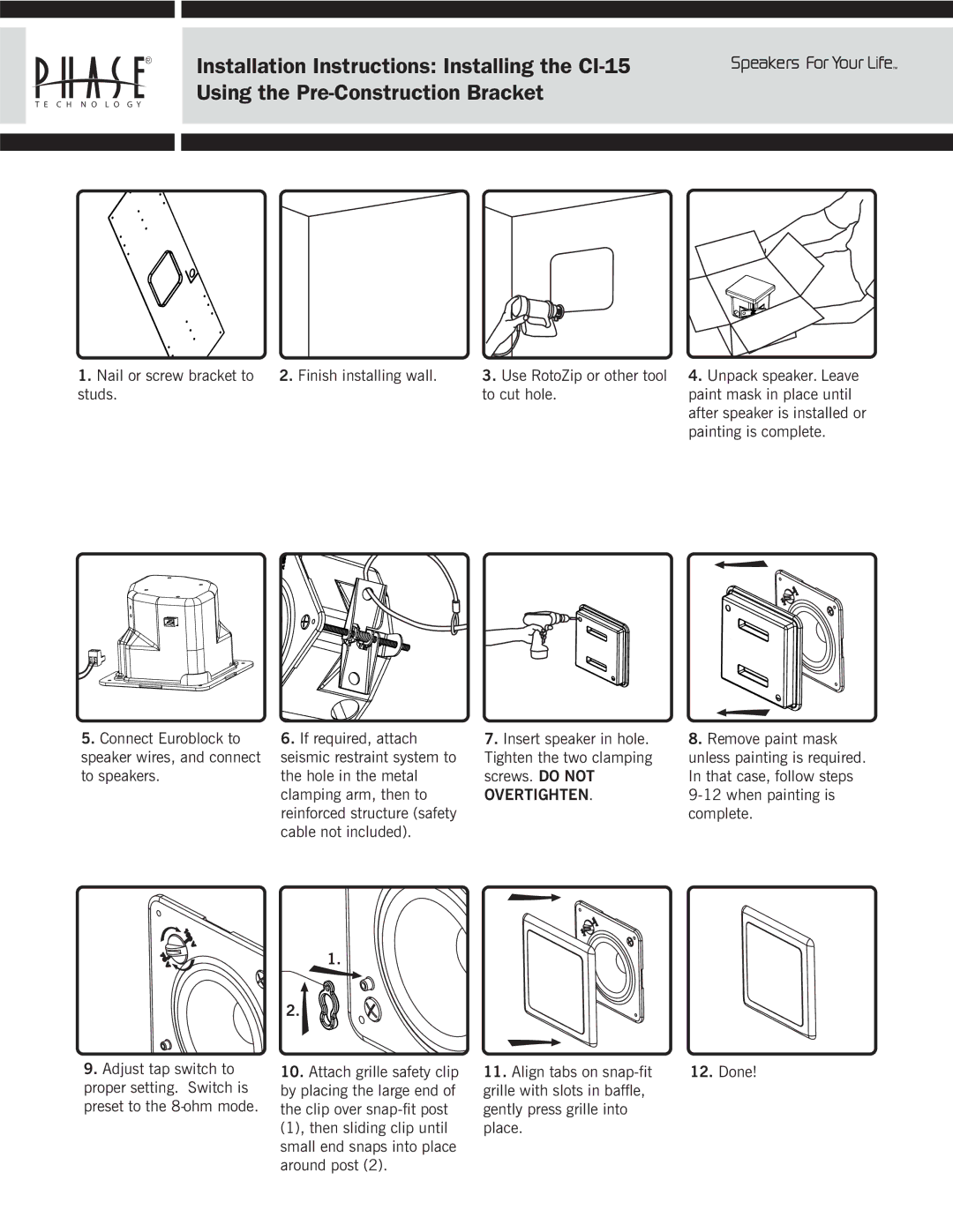 Phase Technology CI-15 owner manual Nail or screw bracket to Finish installing wall 