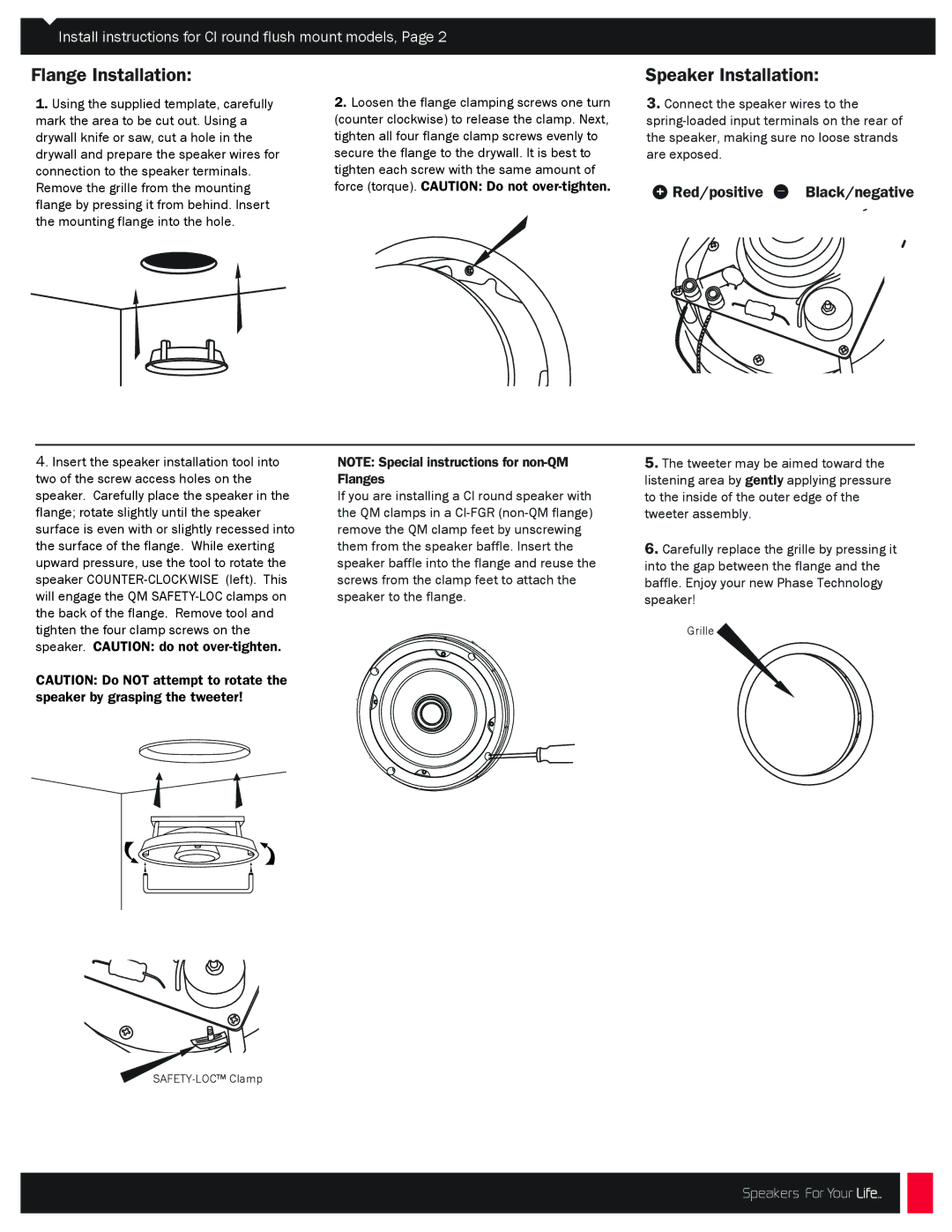 Phase Technology CI-6.0 IX QM installation manual Flange Installation Speaker Installation, + Red/positive Black/negative 