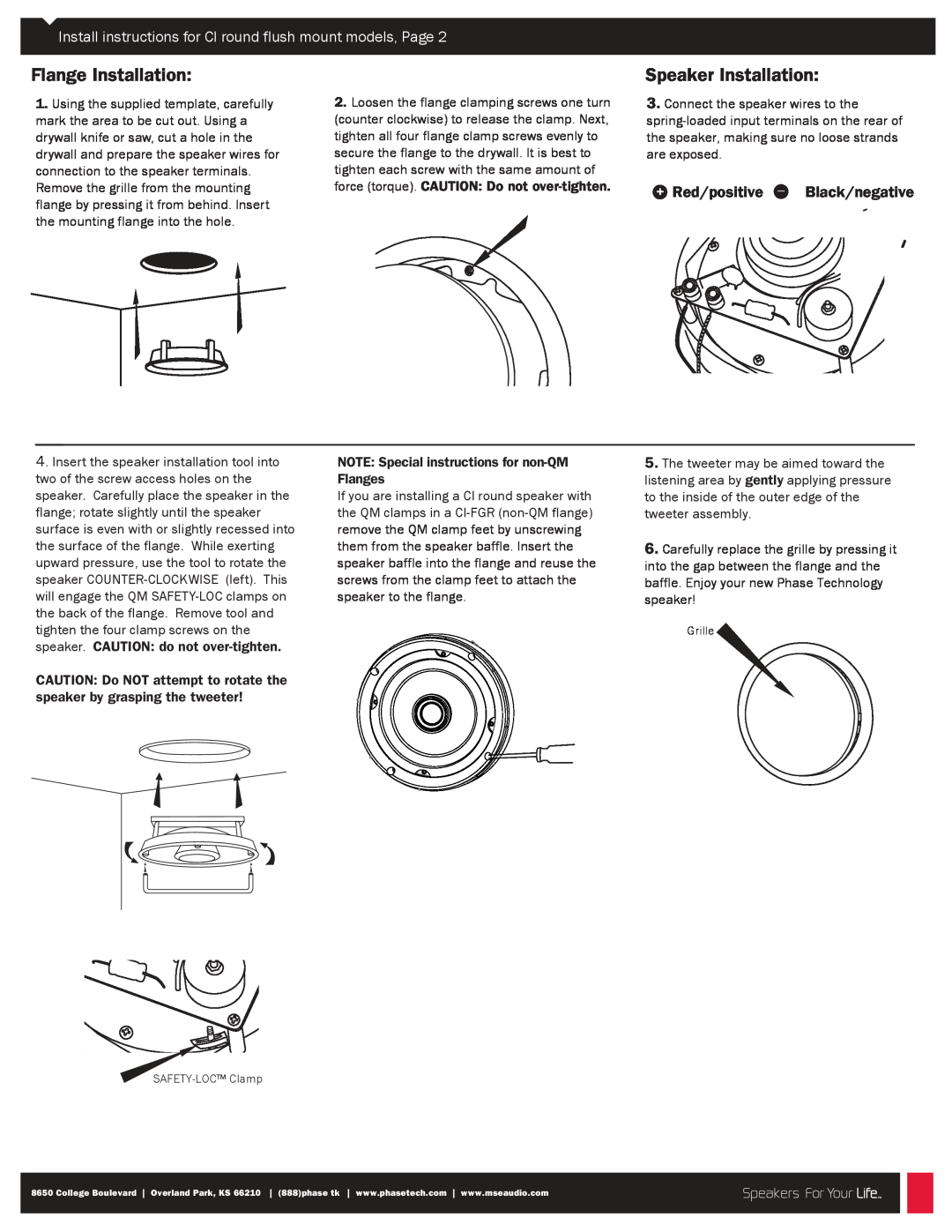 Phase Technology CI-6.0 IX QM Install instructions for CI round flush mount models, Page, Connect the speaker wires to the 