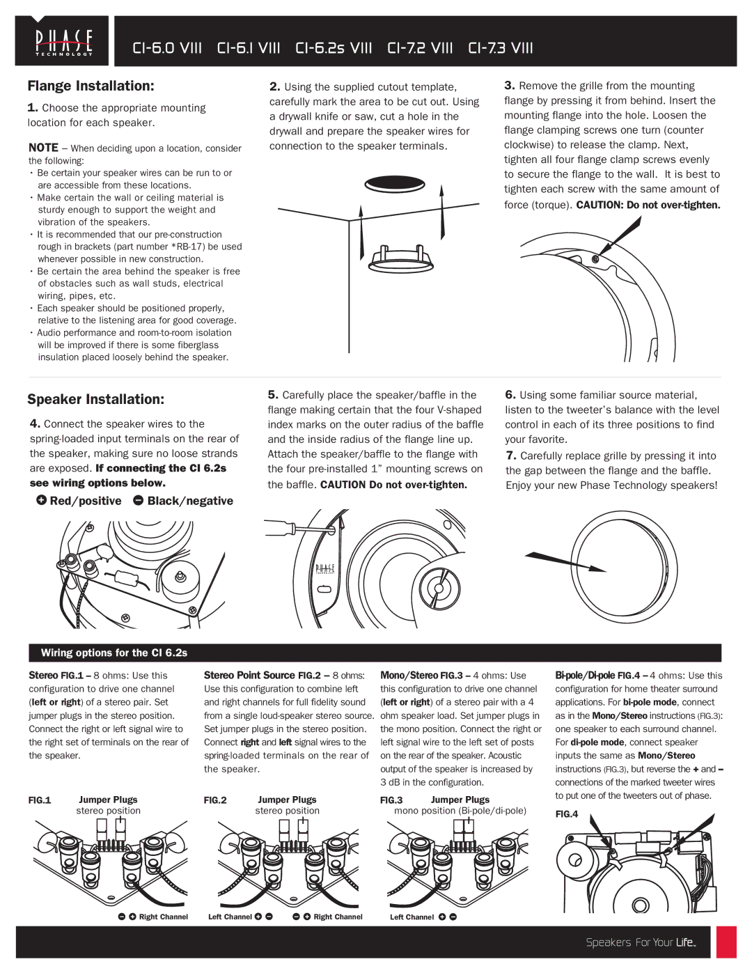 Phase Technology CI-7.3 VIII manual Flange Installation, Speaker Installation, Viii CI 6 Viii CI 6 s Viii CI 7 Viii CI 7 