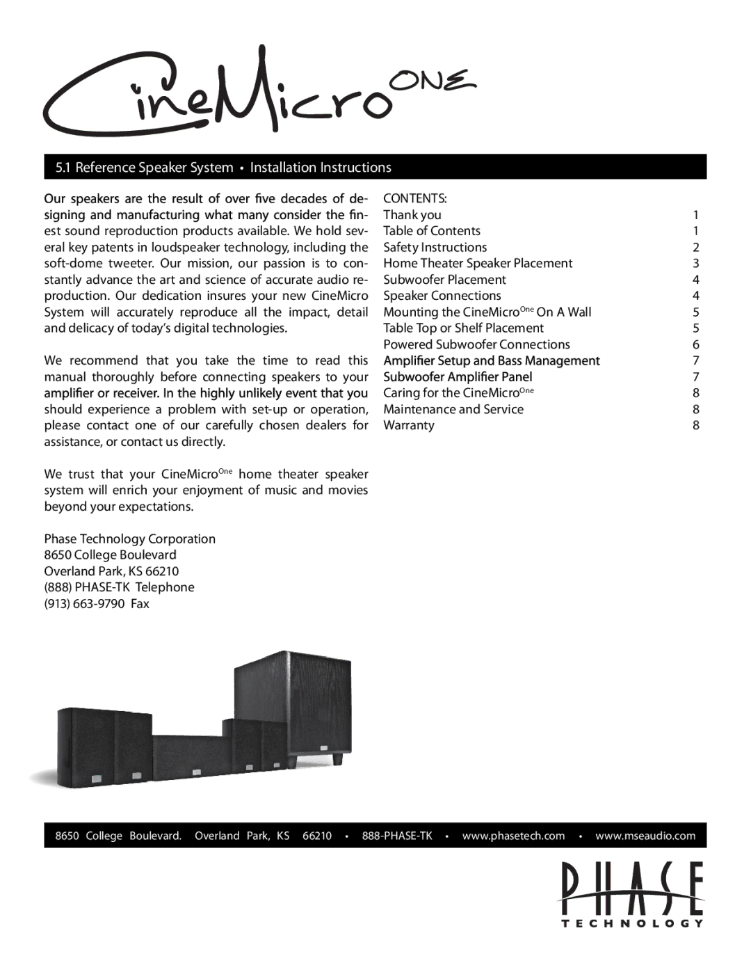 Phase Technology Cinemicro One installation instructions Reference Speaker System Installation Instructions, Contents 