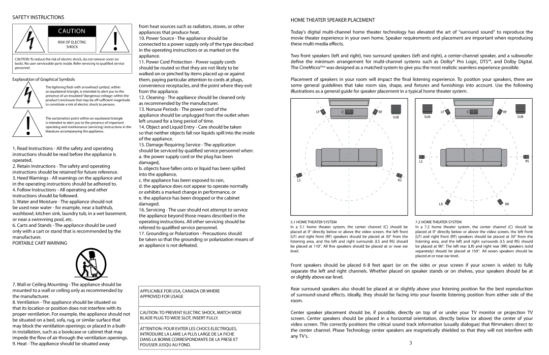 Phase Technology Cinemicro One Safety Instructions, Home Theater Speaker Placement, Portable Cart Warning 