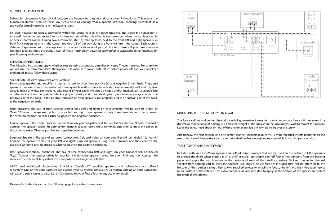 Phase Technology Cinemicro One Subwoofer Placement, Speaker Connections, Mounting the Cinemicroone on a Wall 