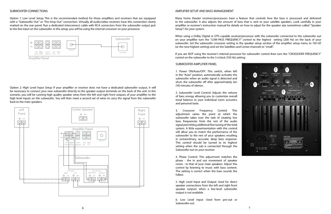 Phase Technology Cinemicro One Subwoofer Connections, Amplifier Setup and Bass Management, Subwoofer Amplifier Panel 