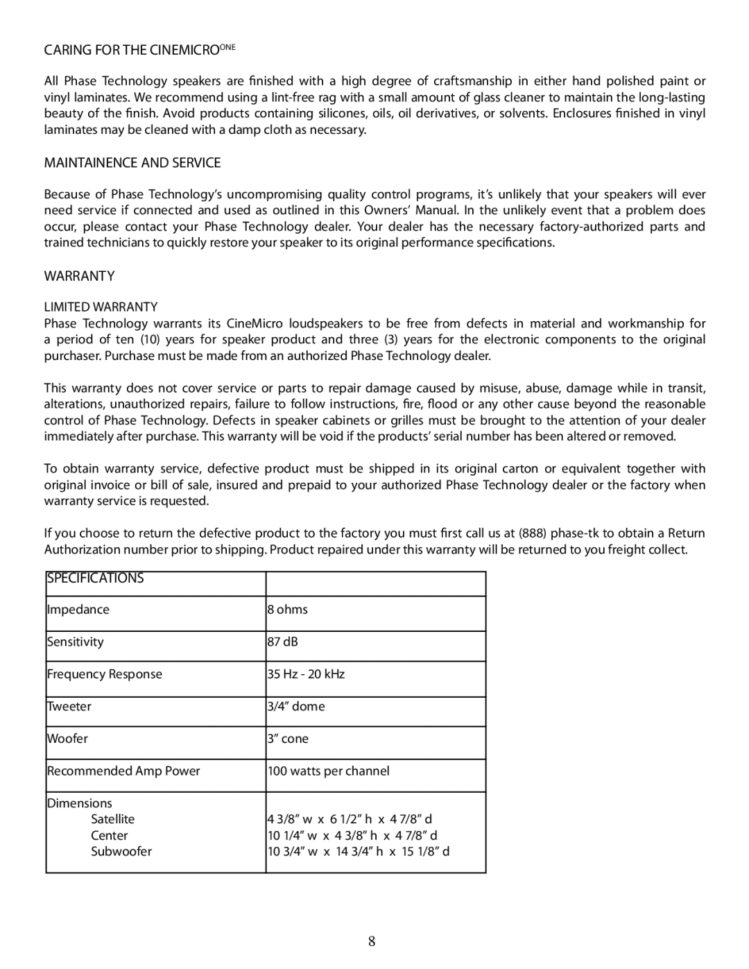 Phase Technology Cinemicro One Caring for the Cinemicroone, Maintainence and Service, Warranty, Specifications 