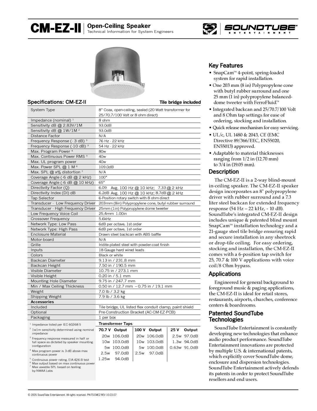 Phase Technology CM-EZ-II specifications Key Features, Description, Applications, Patented SoundTube Technologies 