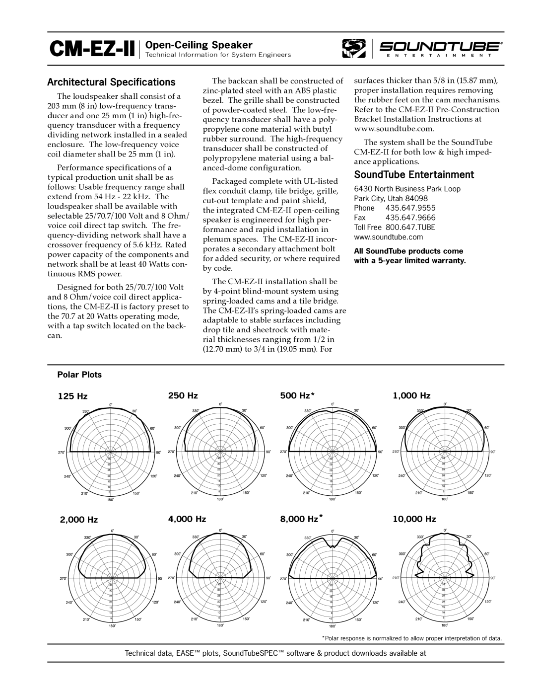 Phase Technology CM-EZ-II specifications Architectural Specifications, SoundTube Entertainment 