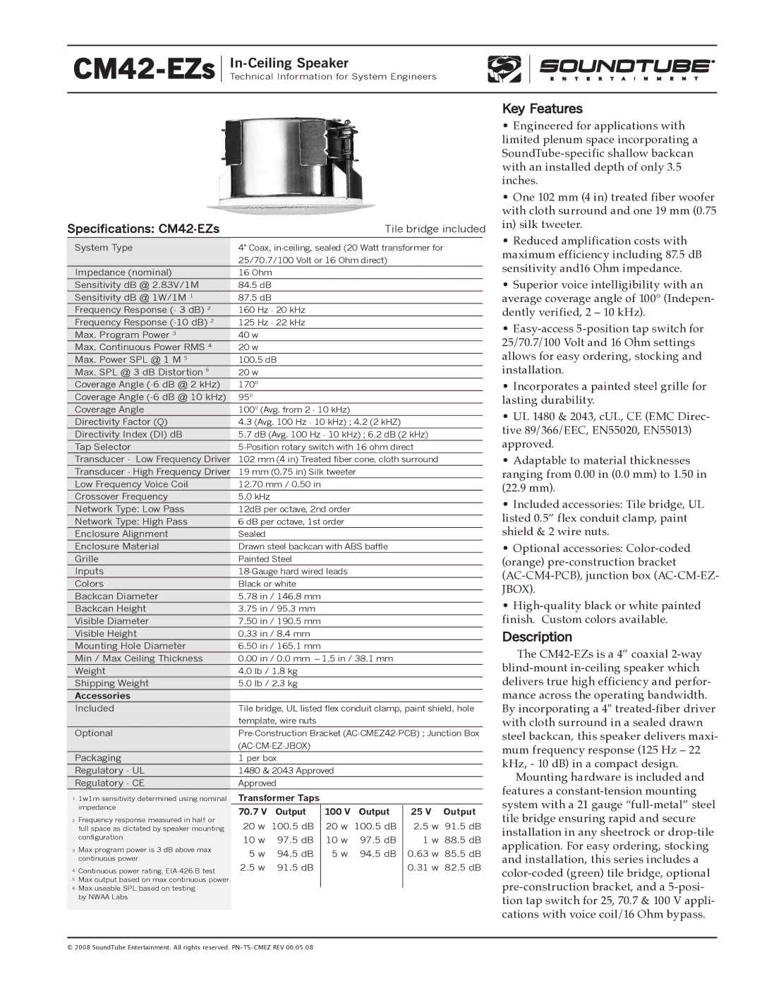 Phase Technology CM42-EZs specifications In-Ceiling Speaker, Key Features, Description 