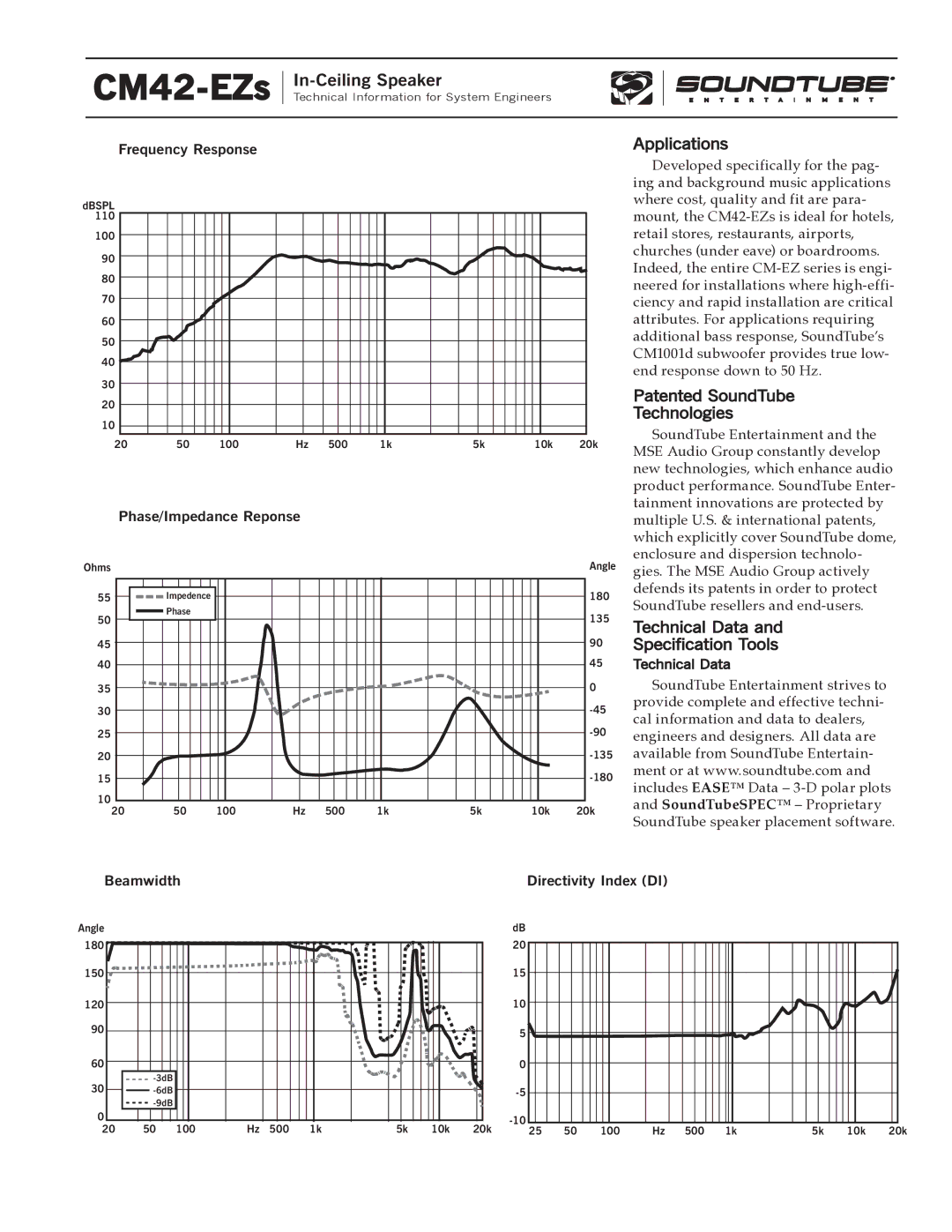 Phase Technology CM42-EZs Applications, Patented SoundTube, Technologies, Technical Data, Specification Tools 