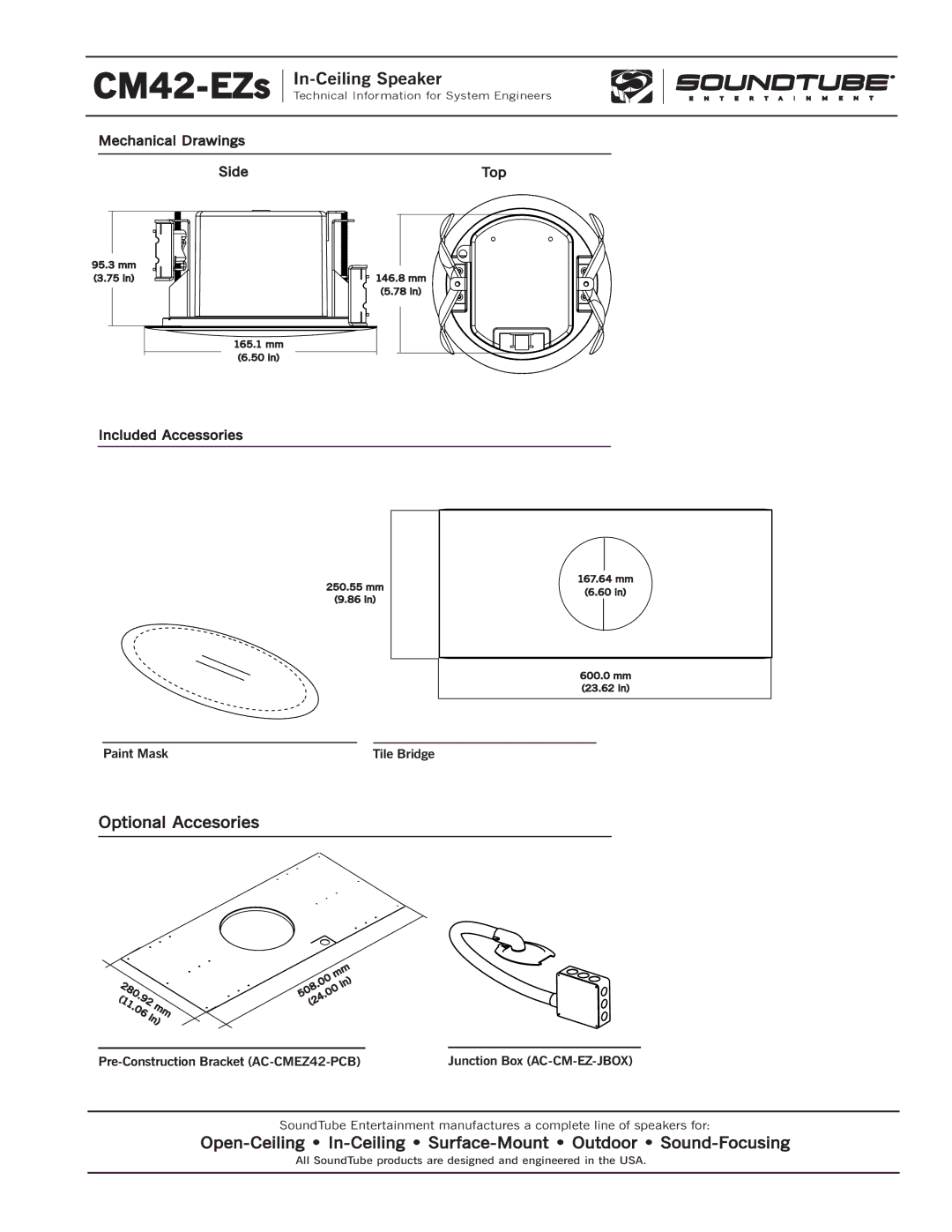 Phase Technology CM42-EZs specifications Optional Accesories, Open-Ceiling In-Ceiling Surface-Mount Outdoor Sound-Focusing 