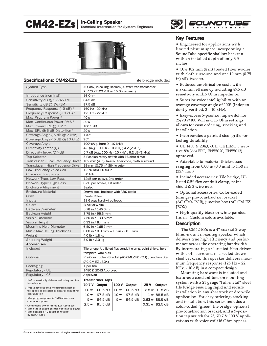 Phase Technology CM42-EZs specifications In-CeilingSpeaker, Key Features, Description 