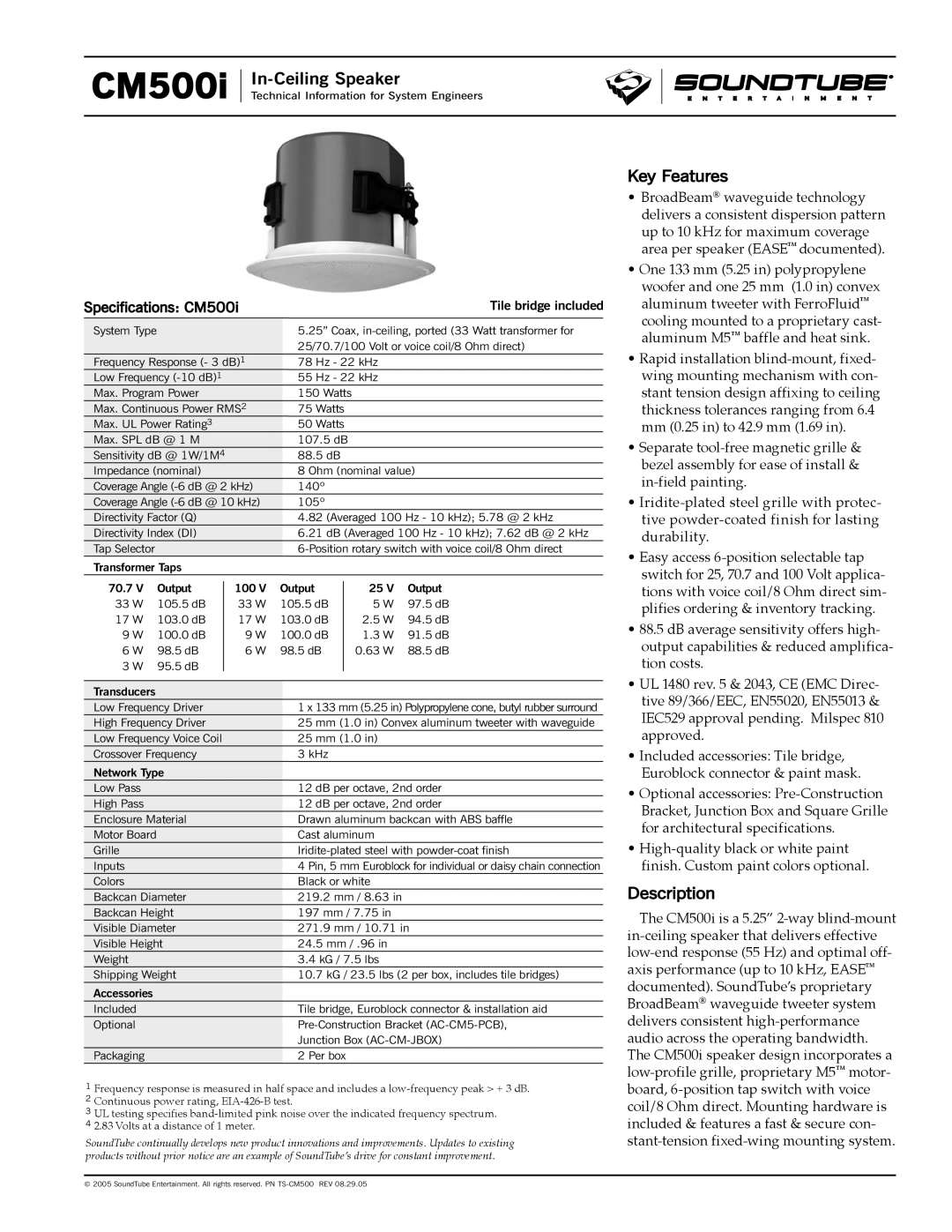 Phase Technology CM500i specifications Key Features, Description, Tile bridge included 