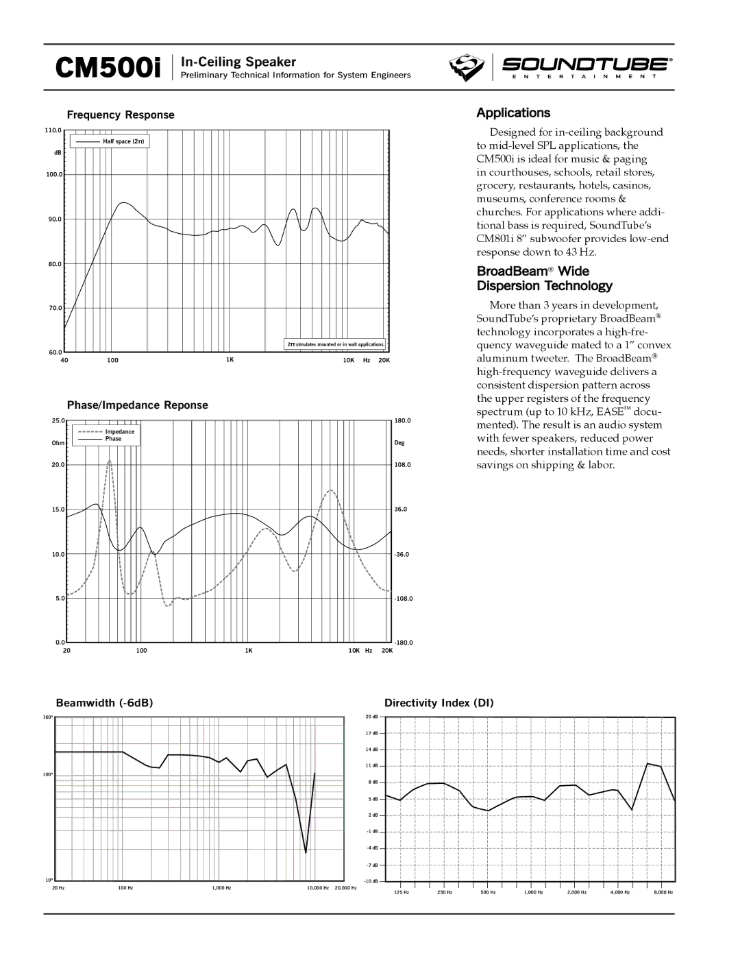 Phase Technology CM500i specifications Applications, BroadBeam Wide Dispersion Technology 