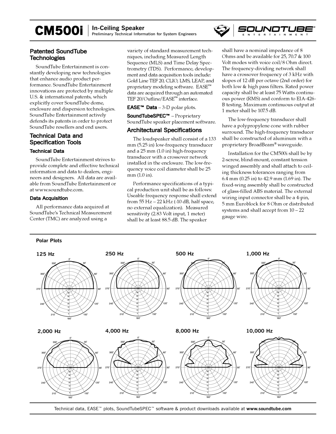 Phase Technology CM500i Patented SoundTube Technologies, Technical Data Specification Tools, Architectural Specifications 