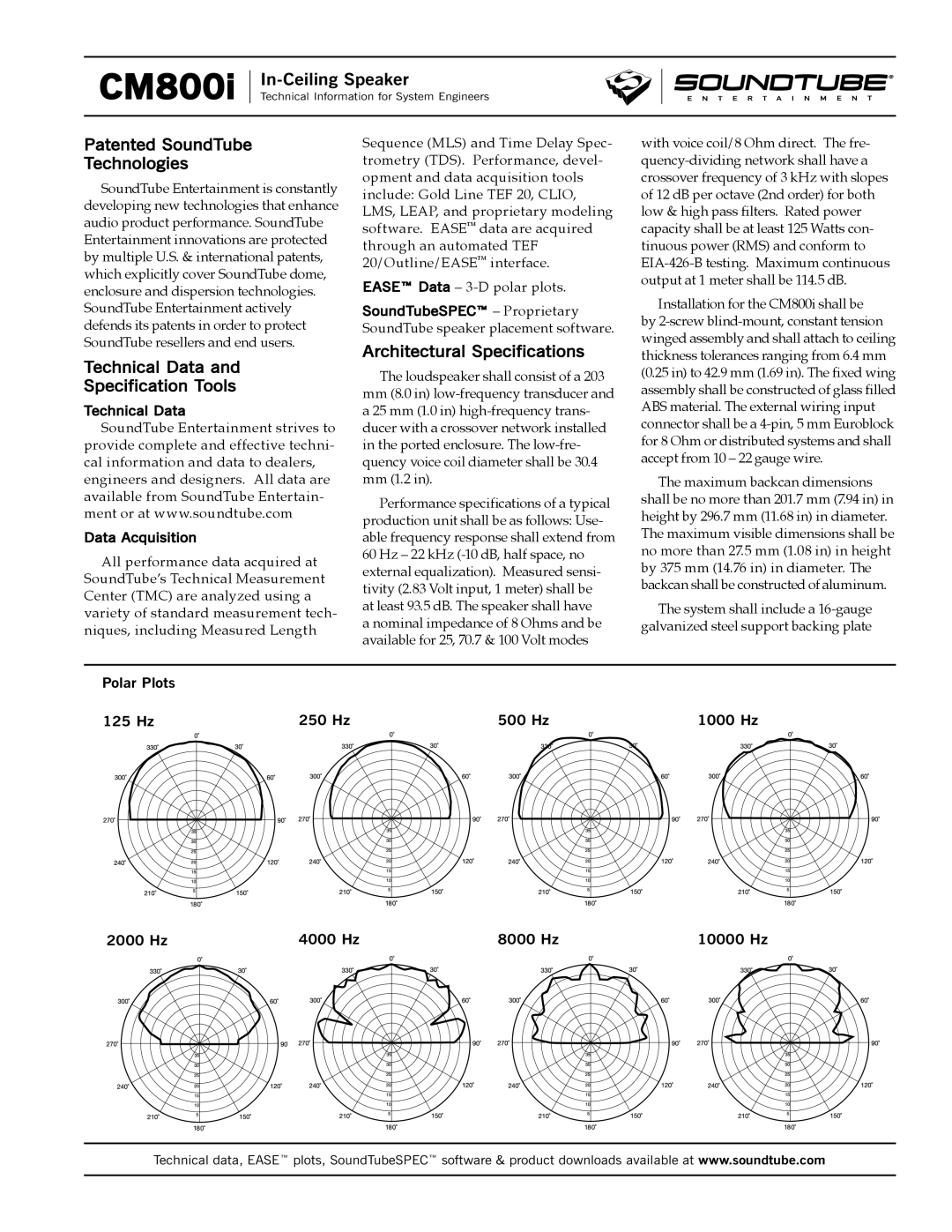 Phase Technology CM5800i Patented SoundTube Technologies, Technical Data Specification Tools, Architectural Specifications 