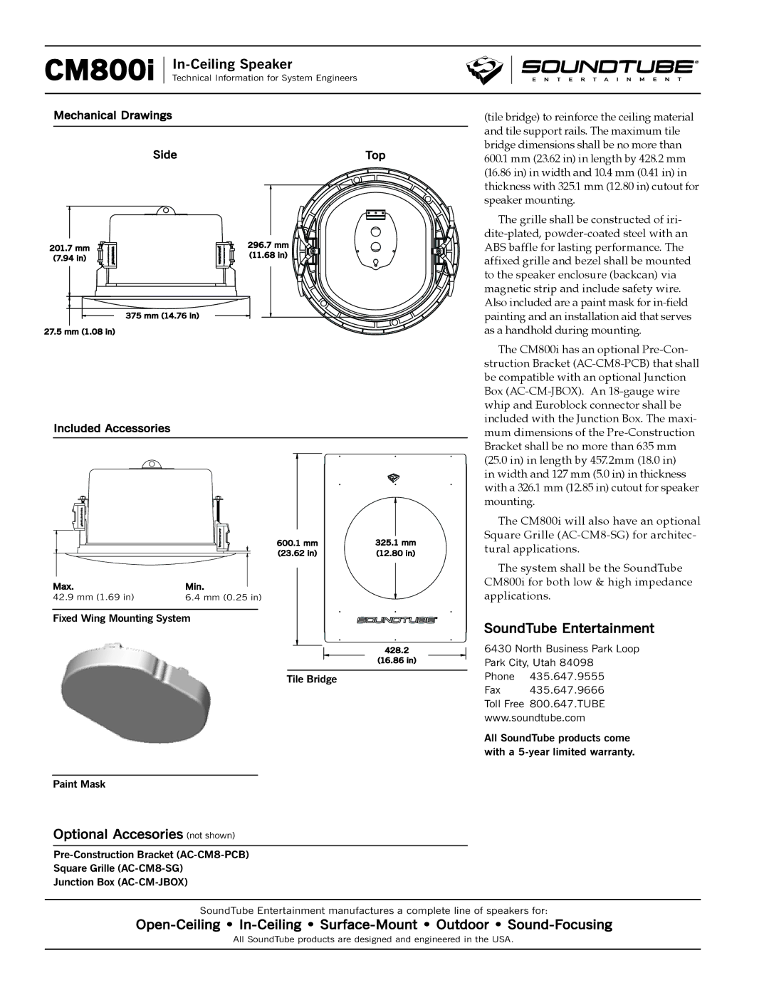 Phase Technology CM5800i specifications Optional Accesories not shown, SoundTube Entertainment 