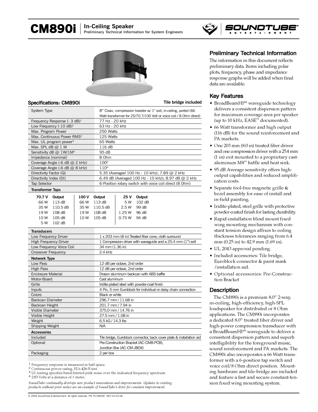 Phase Technology CM5890i specifications Preliminary Technical Information, Key Features, Description 