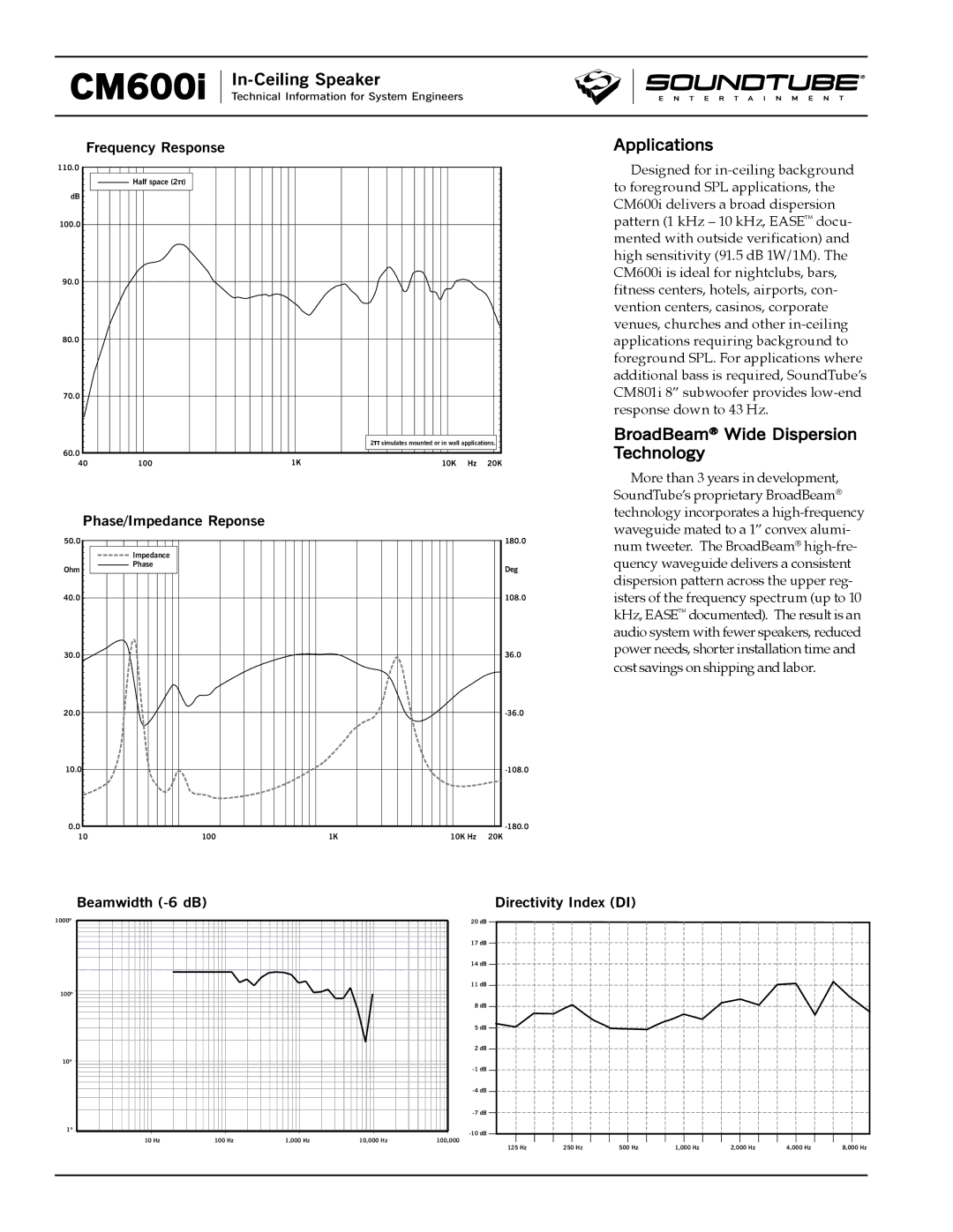 Phase Technology CM600i specifications Applications, BroadBeam Wide Dispersion Technology 