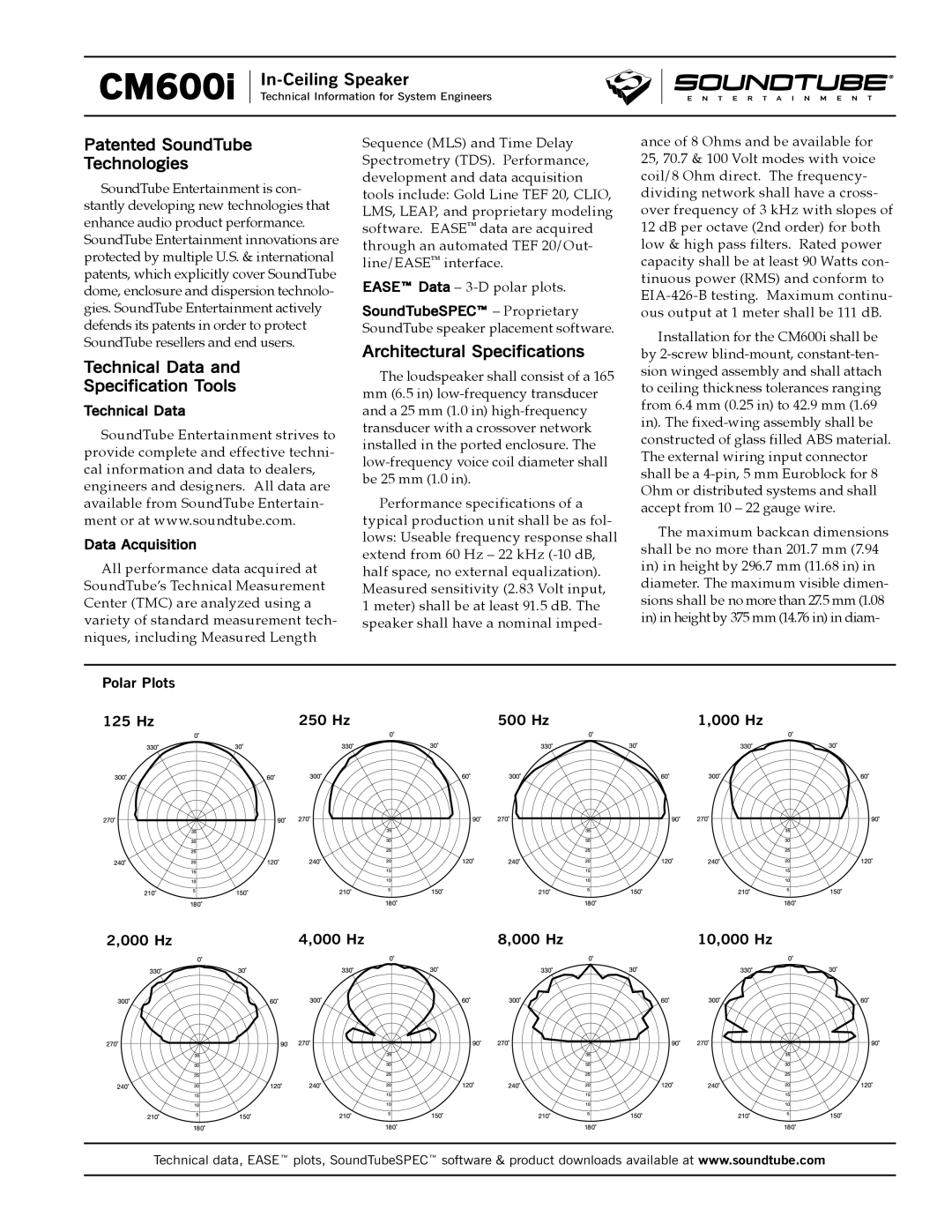 Phase Technology CM600i Patented SoundTube Technologies, Technical Data Specification Tools, Architectural Specifications 