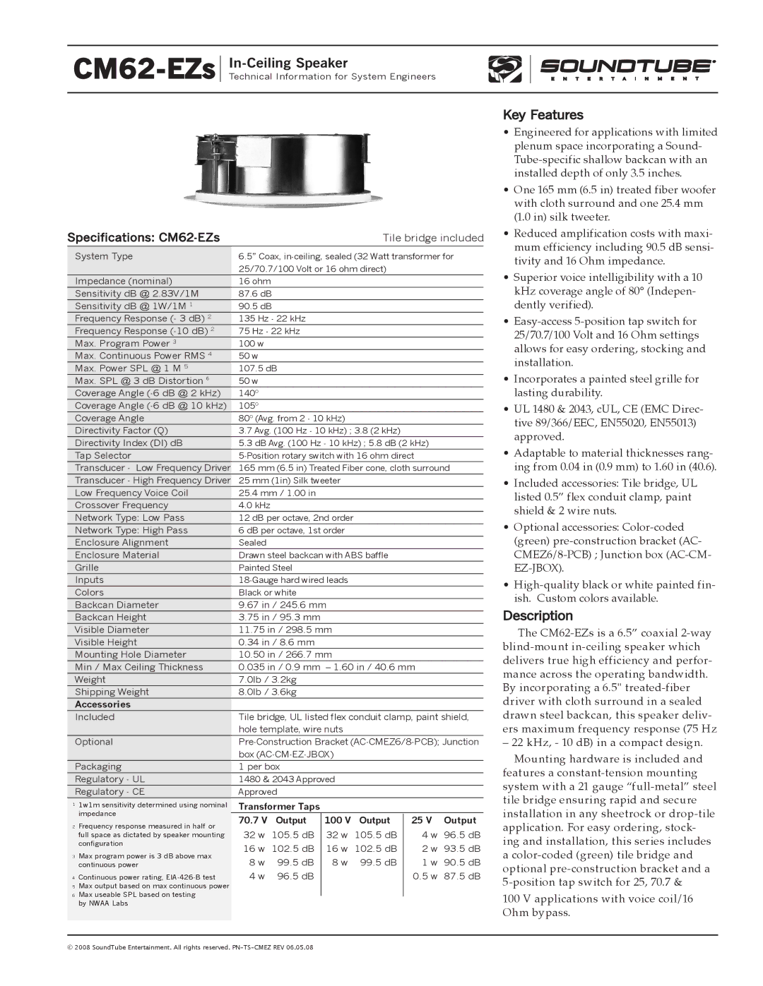 Phase Technology CM62-EZ specifications In-Ceiling Speaker, Key Features, Description 