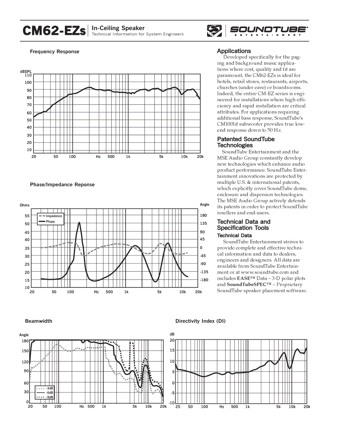 Phase Technology CM62-EZ specifications Applications, Patented SoundTube, Technologies, Technical Data, Specification Tools 