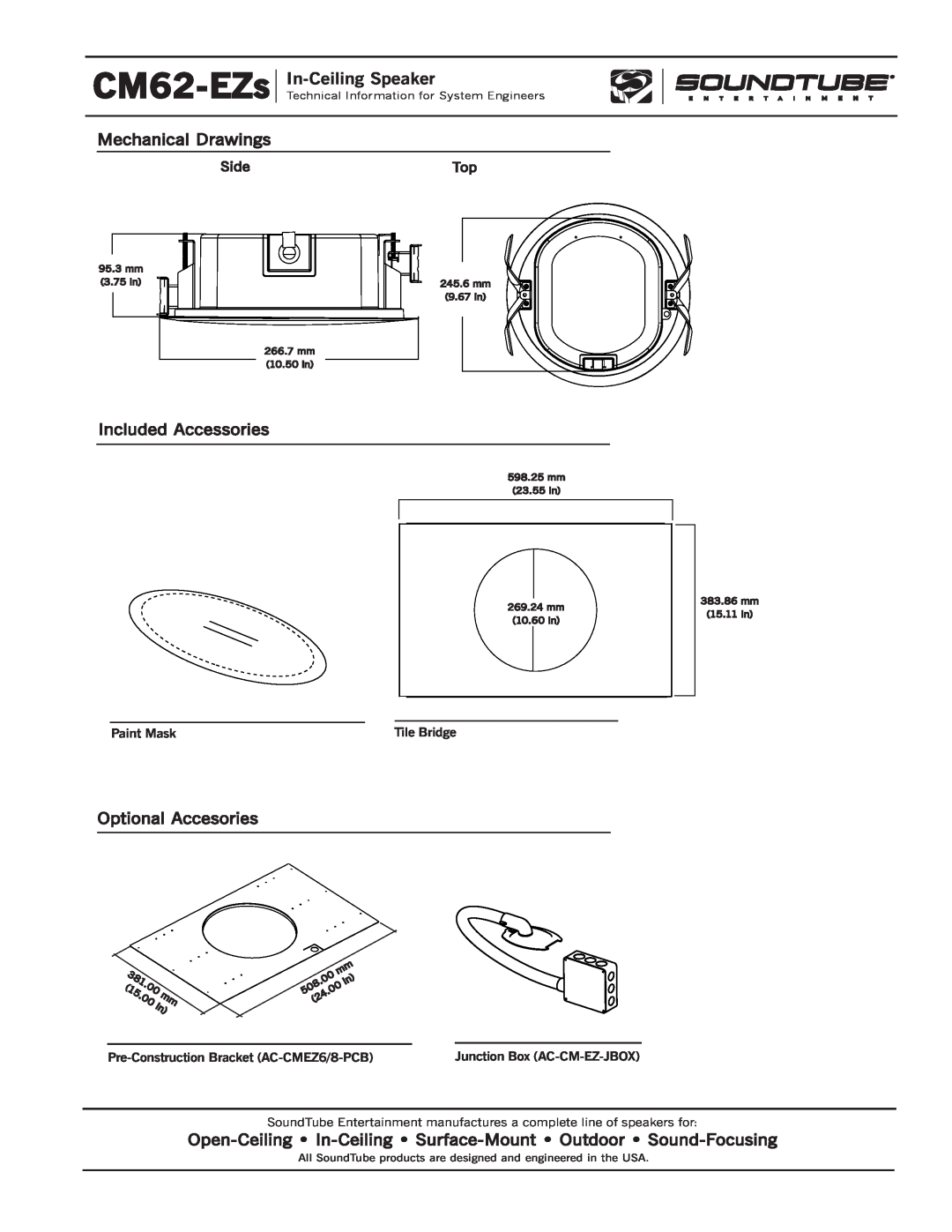 Phase Technology Mechanical Drawings, Included Accessories, Optional Accesories, CM62-EZs, In-CeilingSpeaker 