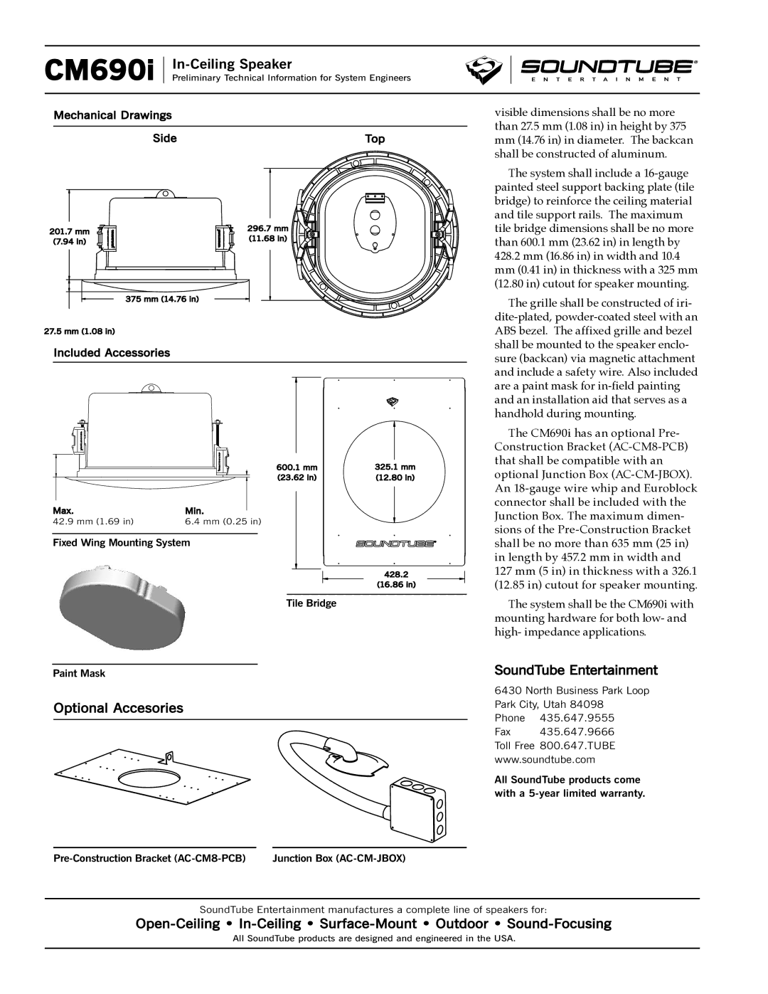 Phase Technology CM690i specifications Optional Accesories, SoundTube Entertainment 