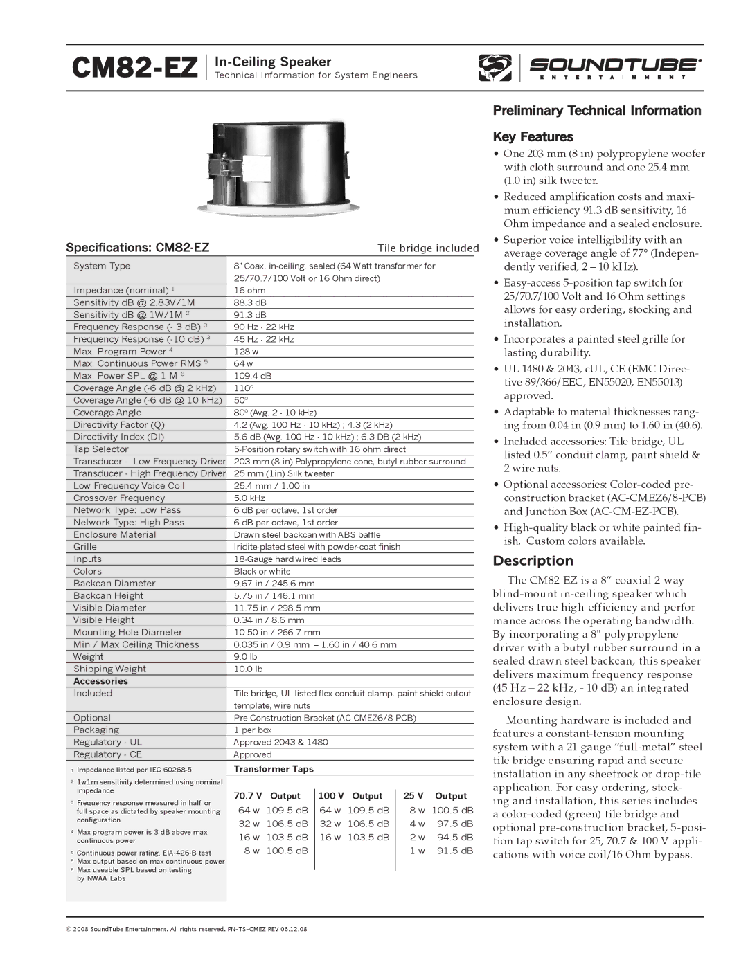 Phase Technology CM82-EZ specifications In-Ceiling Speaker, Preliminary Technical Information Key Features, Description 