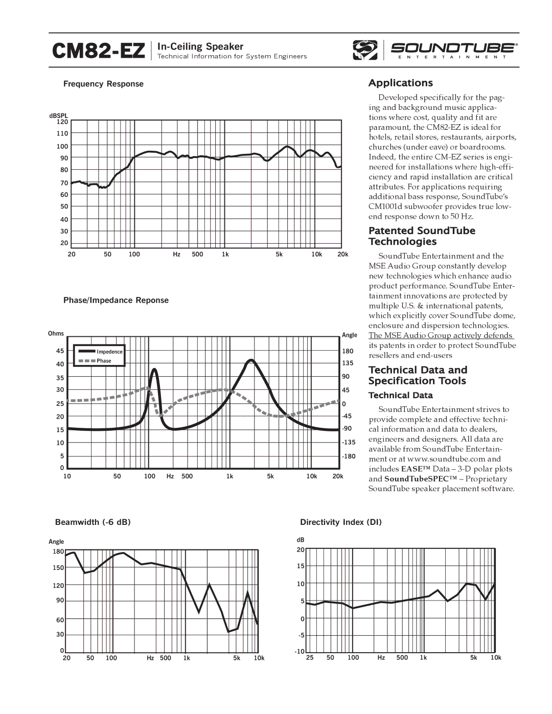 Phase Technology CM82-EZ specifications Applications, Patented SoundTube, Technologies, Technical Data, Specification Tools 