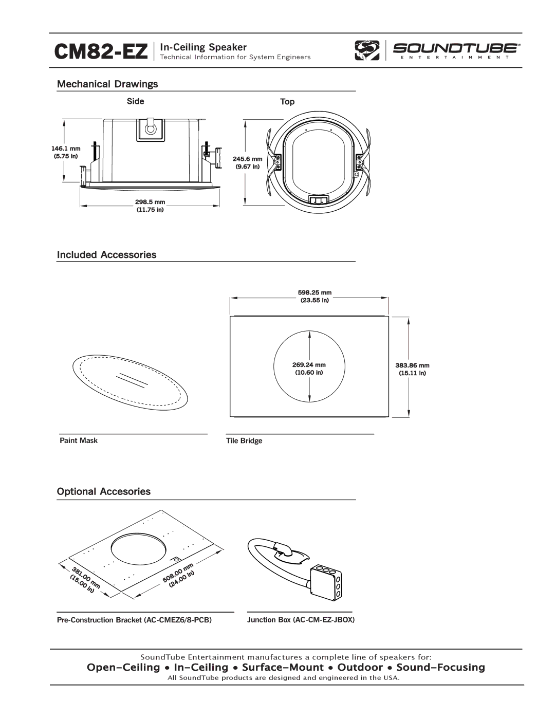 Phase Technology CM82-EZ specifications Mechanical Drawings, Included Accessories, Optional Accesories 