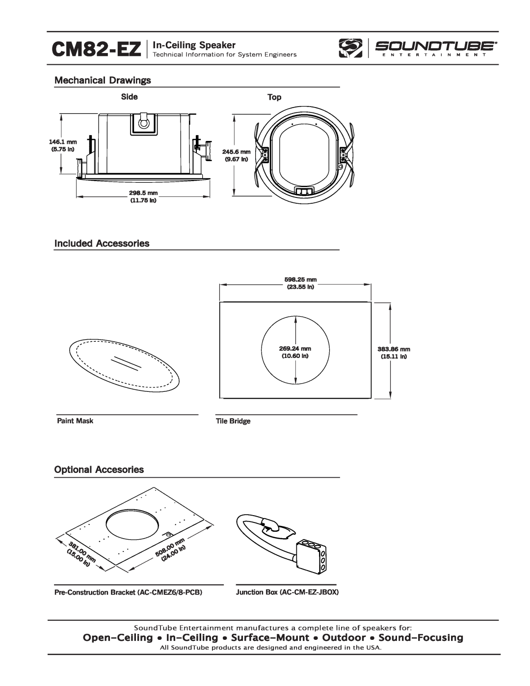 Phase Technology CM82-EZ Mechanical Drawings, Included Accessories, Optional Accesories, In-CeilingSpeaker, Paint Mask 