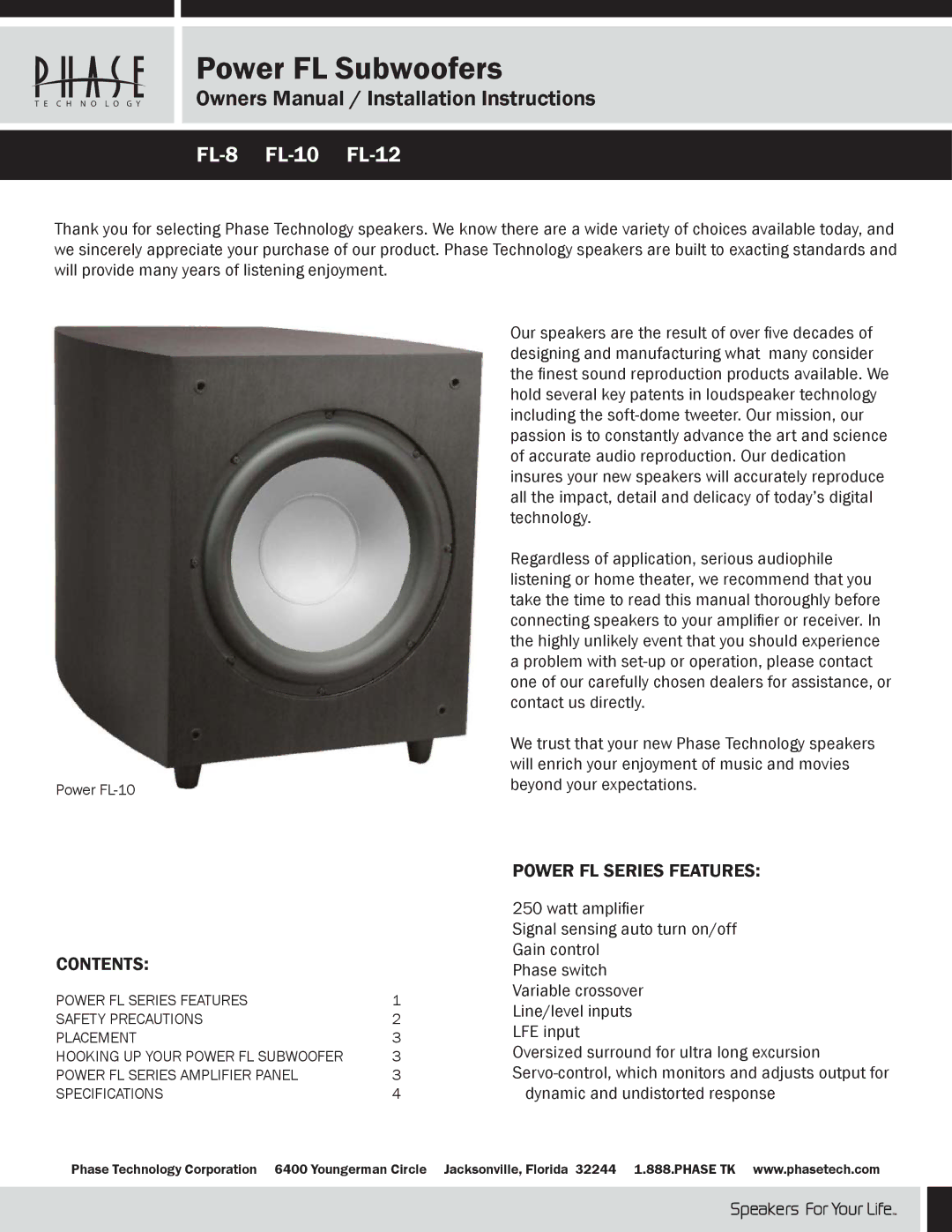 Phase Technology FL-8, FL-10, FL-12 owner manual Contents, Power FL Series Features 