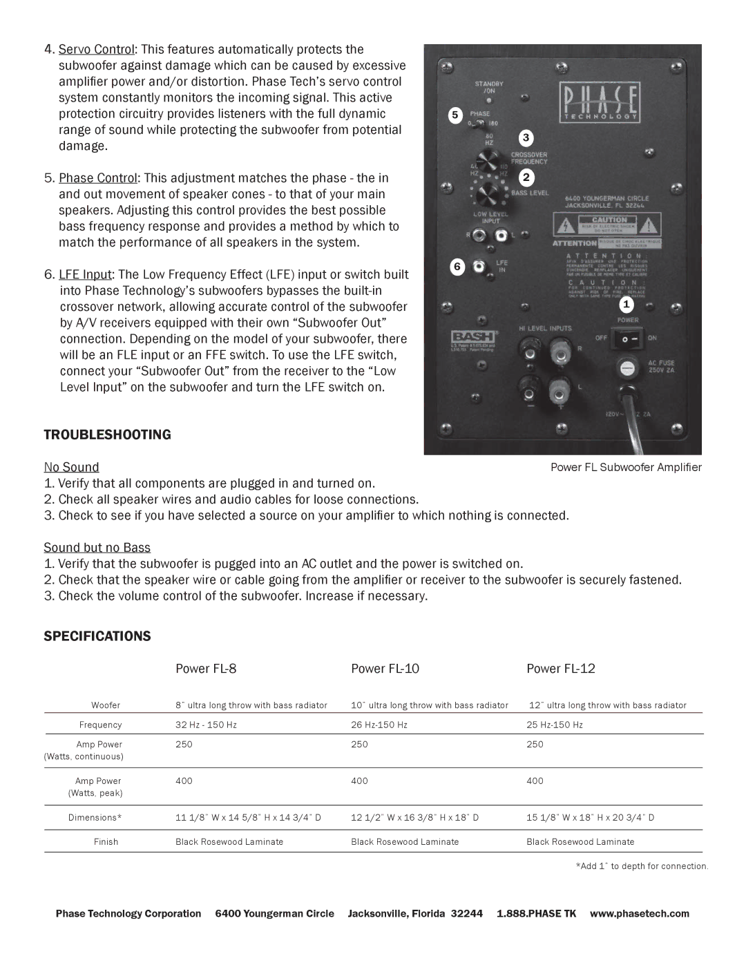 Phase Technology owner manual Troubleshooting, Specifications, Power FL-8 Power FL-10 Power FL-12 