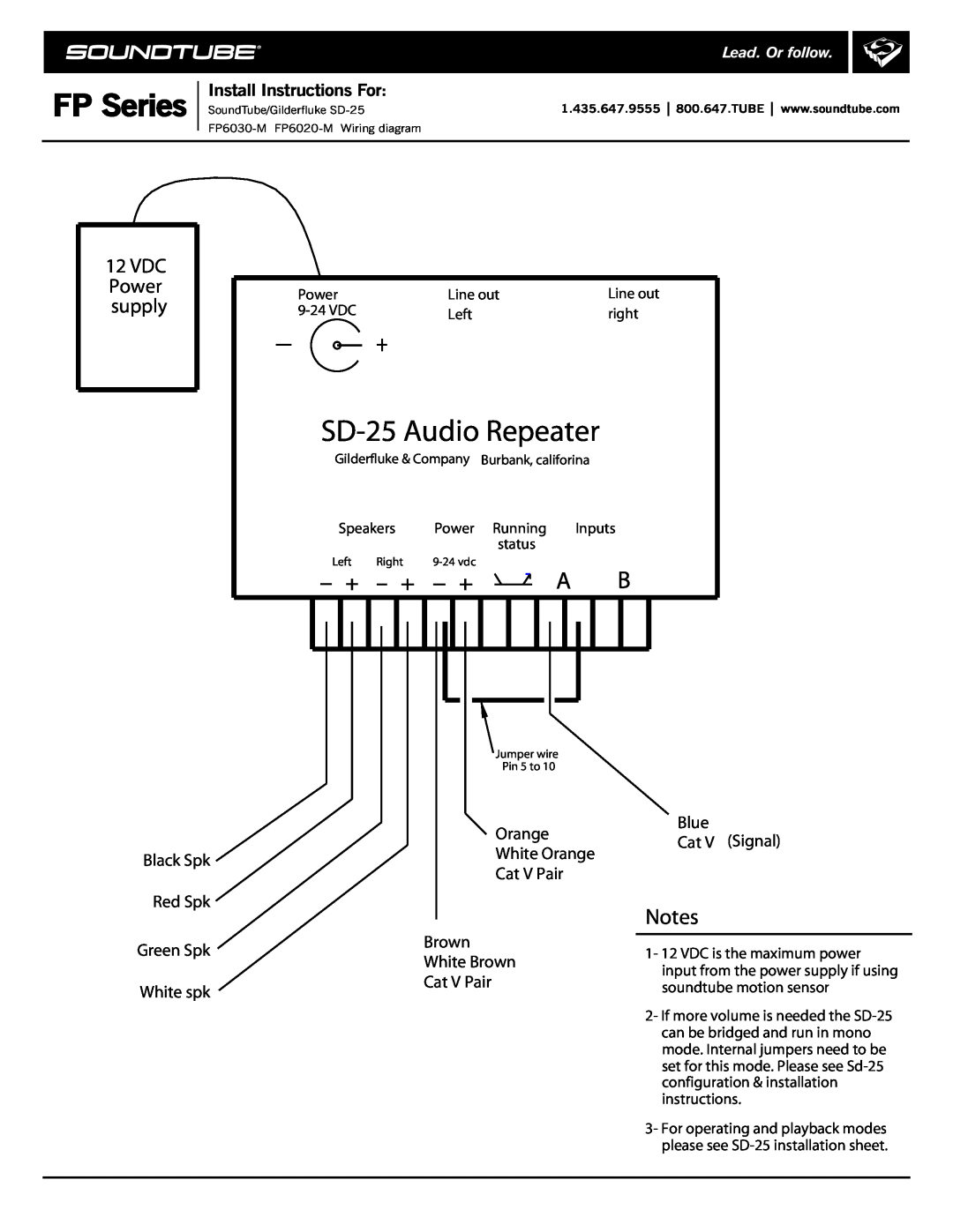 Phase Technology FP Series SD-25Audio Repeater, 12VDC Power supply, Black Spk Red Spk Green Spk White spk, Cat V Pair 