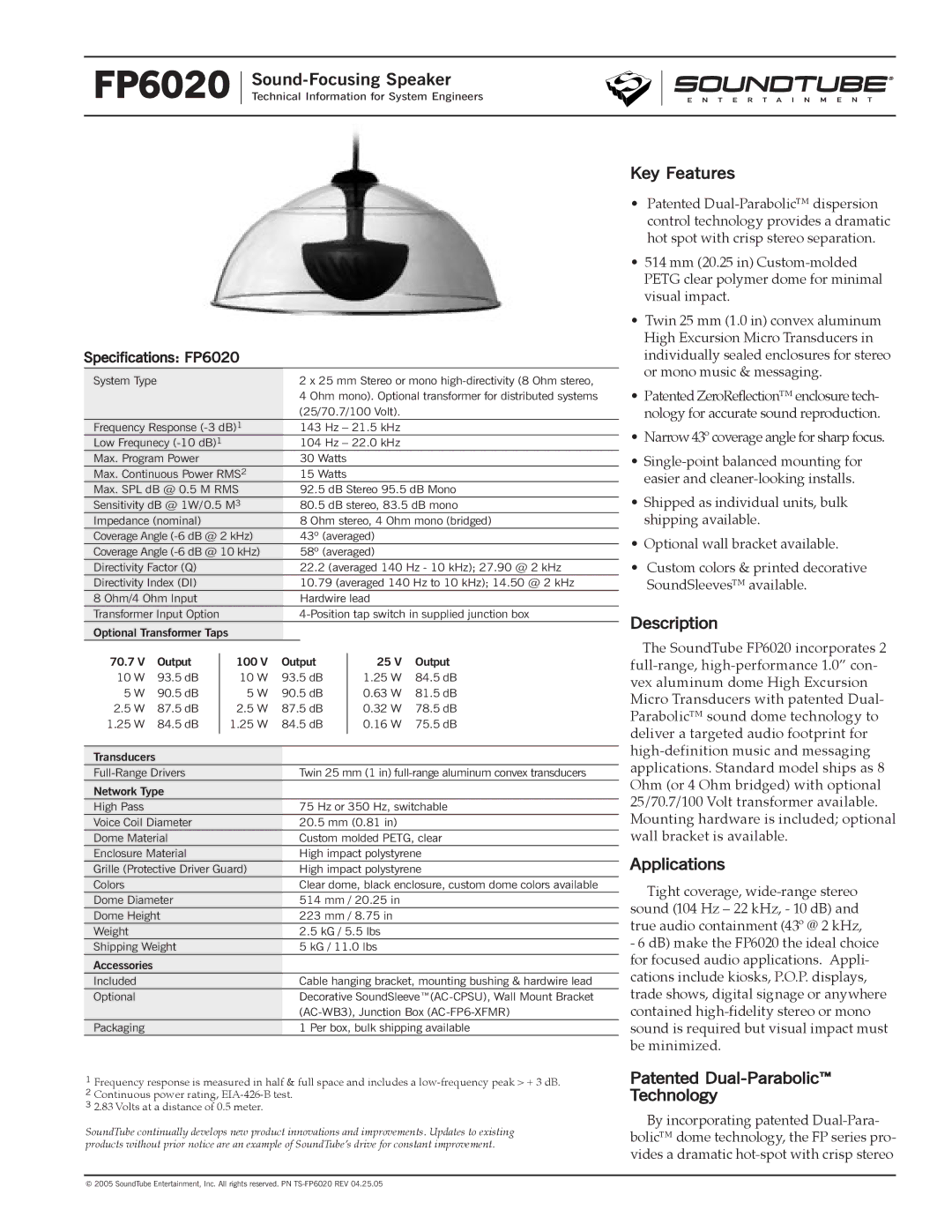 Phase Technology FP6020 specifications Sound-Focusing Speaker, Key Features, Description, Applications 