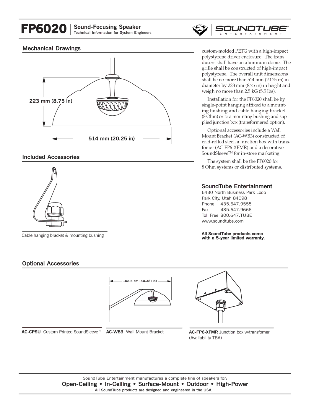 Phase Technology FP6020 Mechanical Drawings, Included Accessories, Optional Accessories, SoundTube Entertainment 