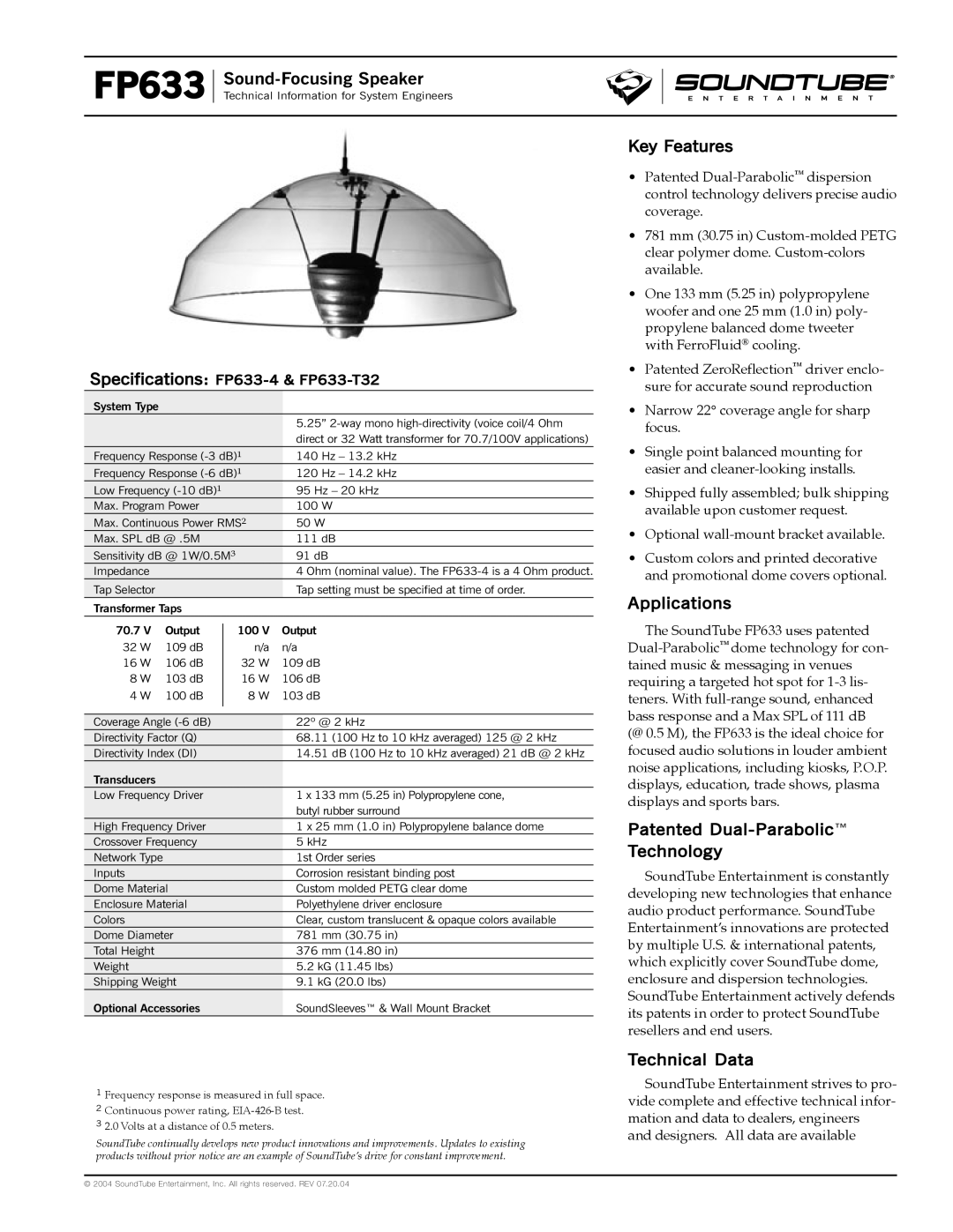 Phase Technology FP633-T32 specifications Key Features, Applications, Patented Dual-Parabolic Technology, Technical Data 