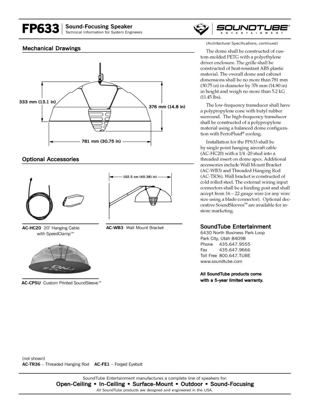 Phase Technology FP633-4, FP633-T32 specifications Mechanical Drawings, Optional Accessories, SoundTube Entertainment 