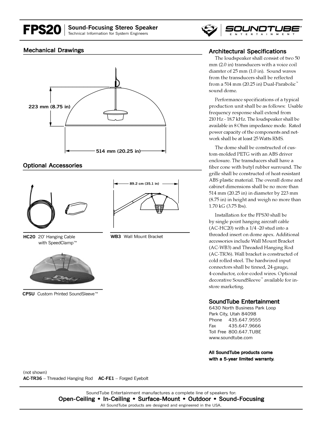 Phase Technology FPS20 Mechanical Drawings, Optional Accessories, Architectural Specifications, SoundTube Entertainment 