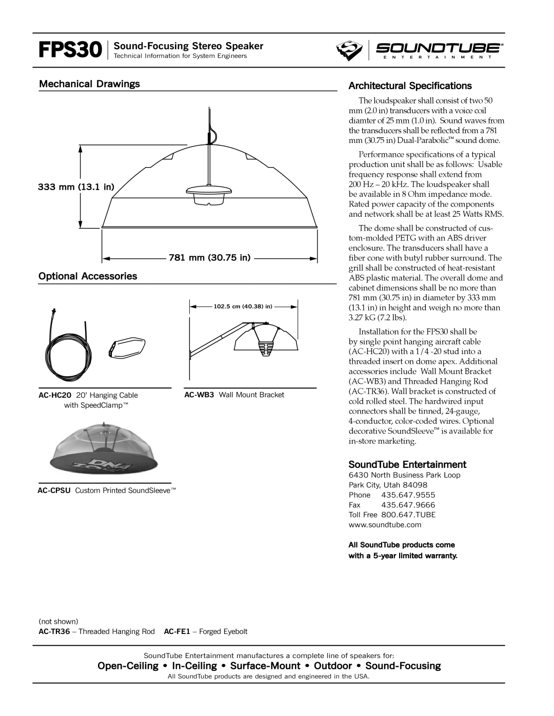 Phase Technology FPS30-8 Mechanical Drawings Architectural Specifications, Optional Accessories, SoundTube Entertainment 