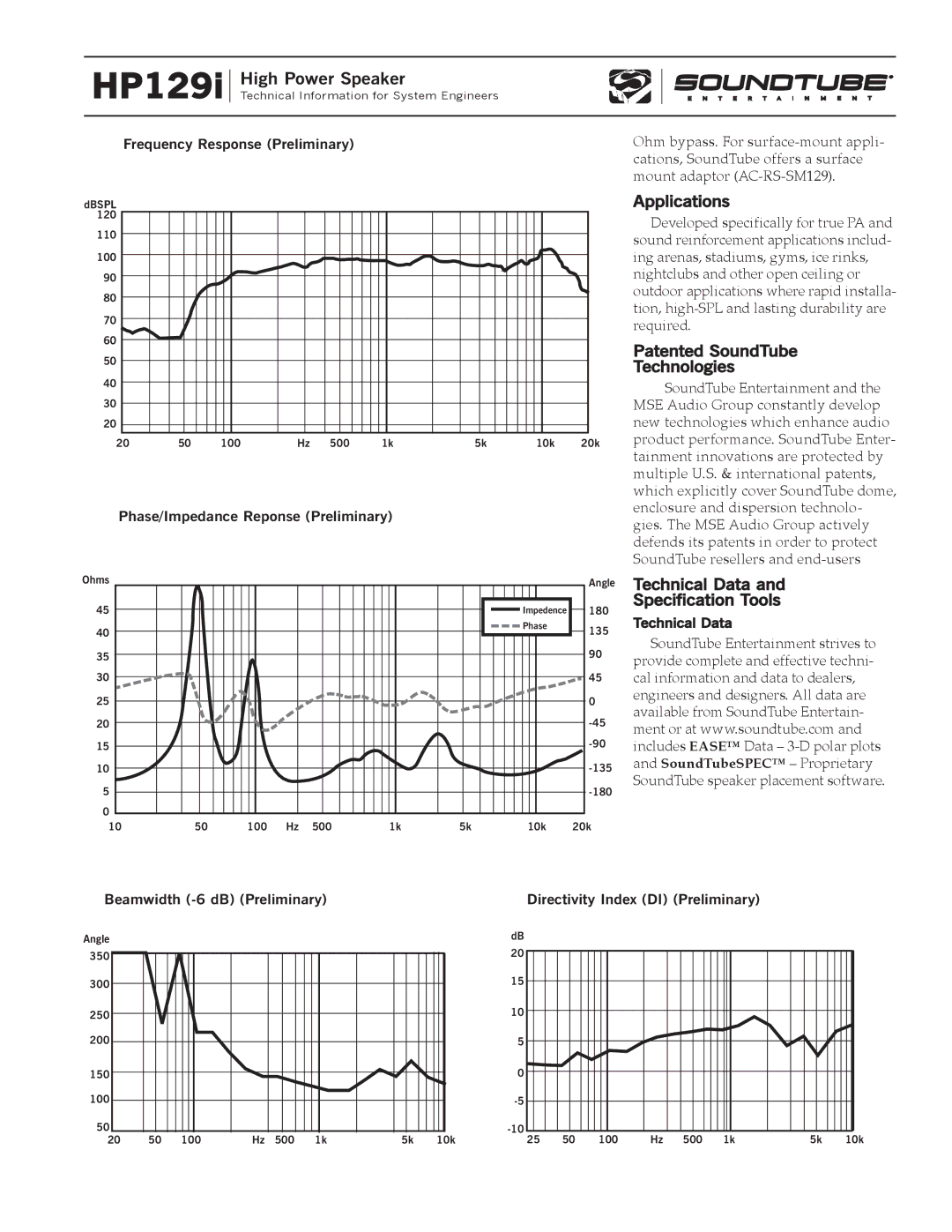 Phase Technology HP129i specifications Applications, Patented SoundTube Technologies, Technical Data Specification Tools 