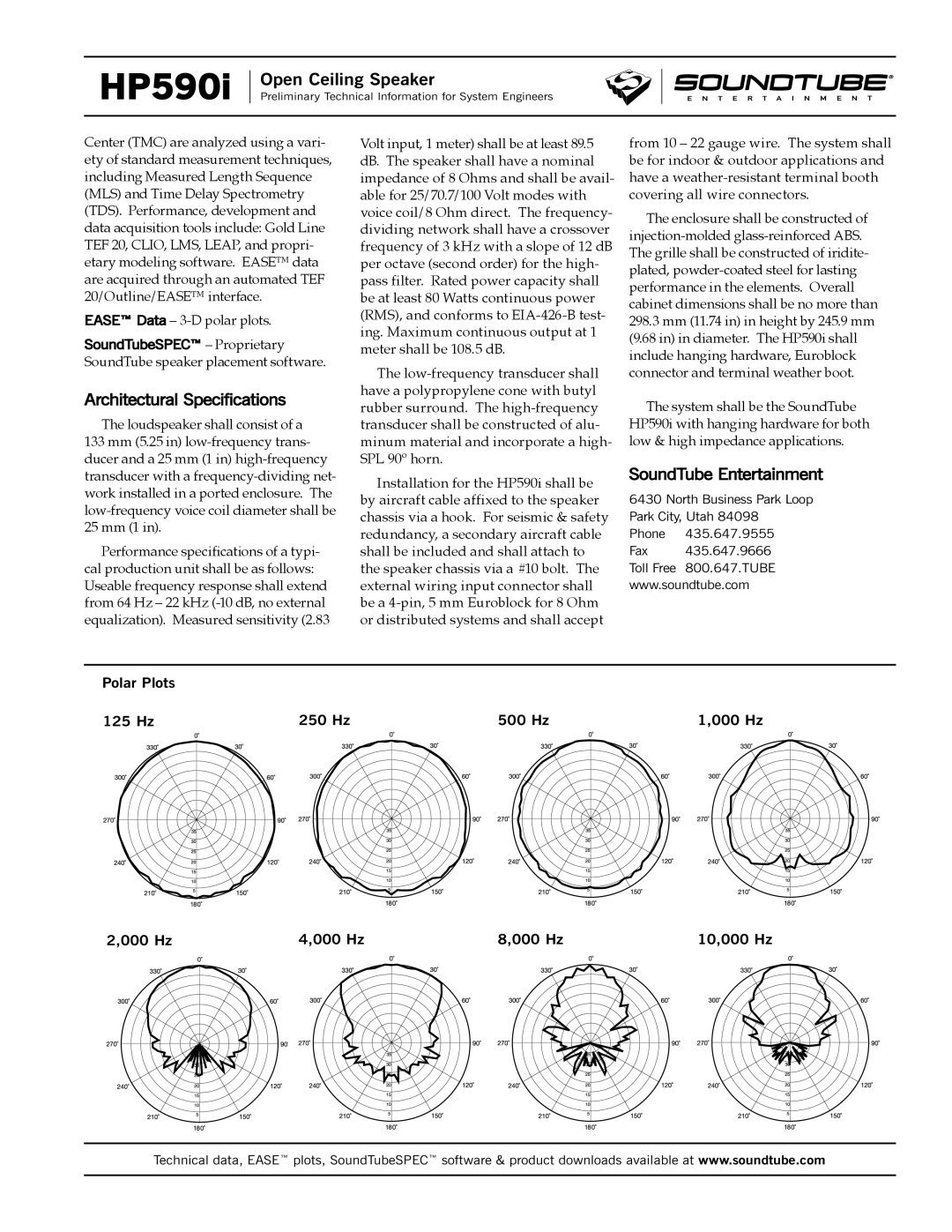 Phase Technology HP590i specifications Architectural Specifications, SoundTube Entertainment, Ease Data 3-D polar plots 
