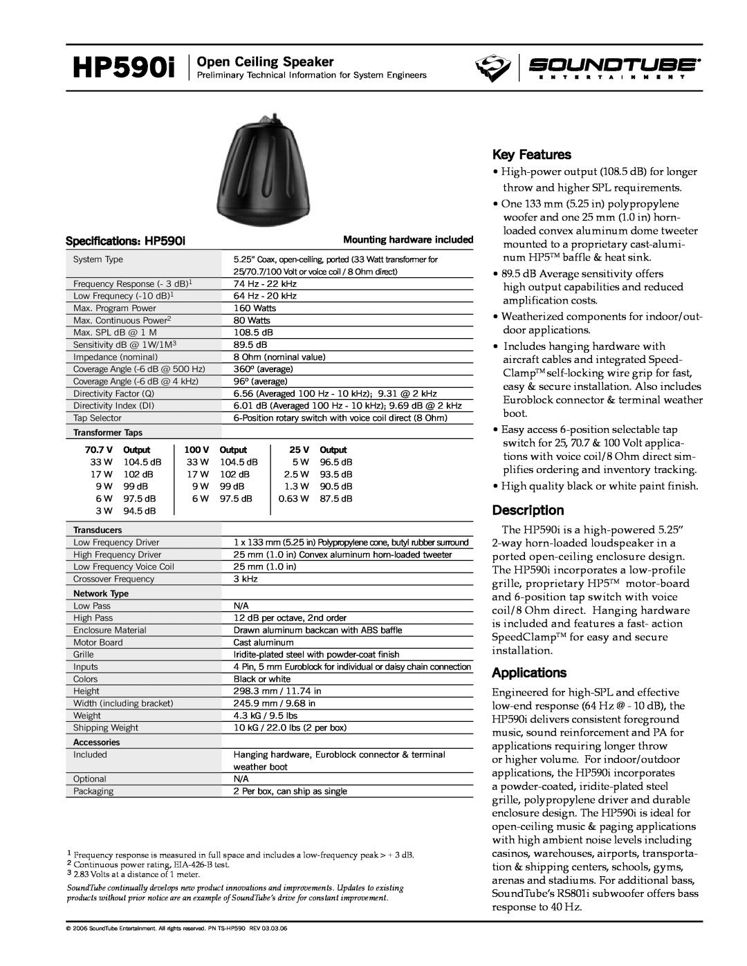Phase Technology HP590i specifications Open Ceiling Speaker, Key Features, Description, Applications 